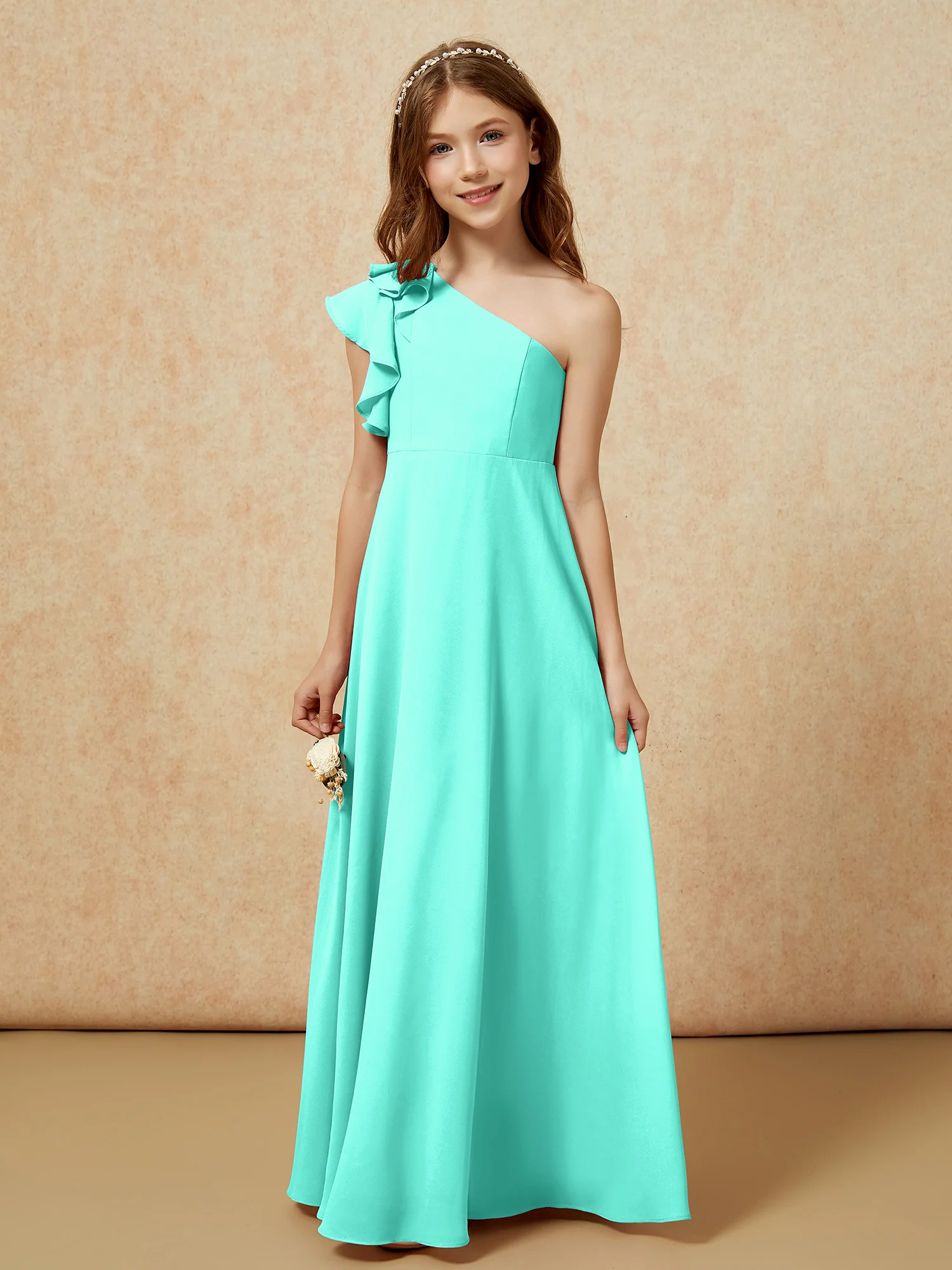 One Shoulder Flutter Sleeves Junior Bridesmaid Dresses Spa - Image 4
