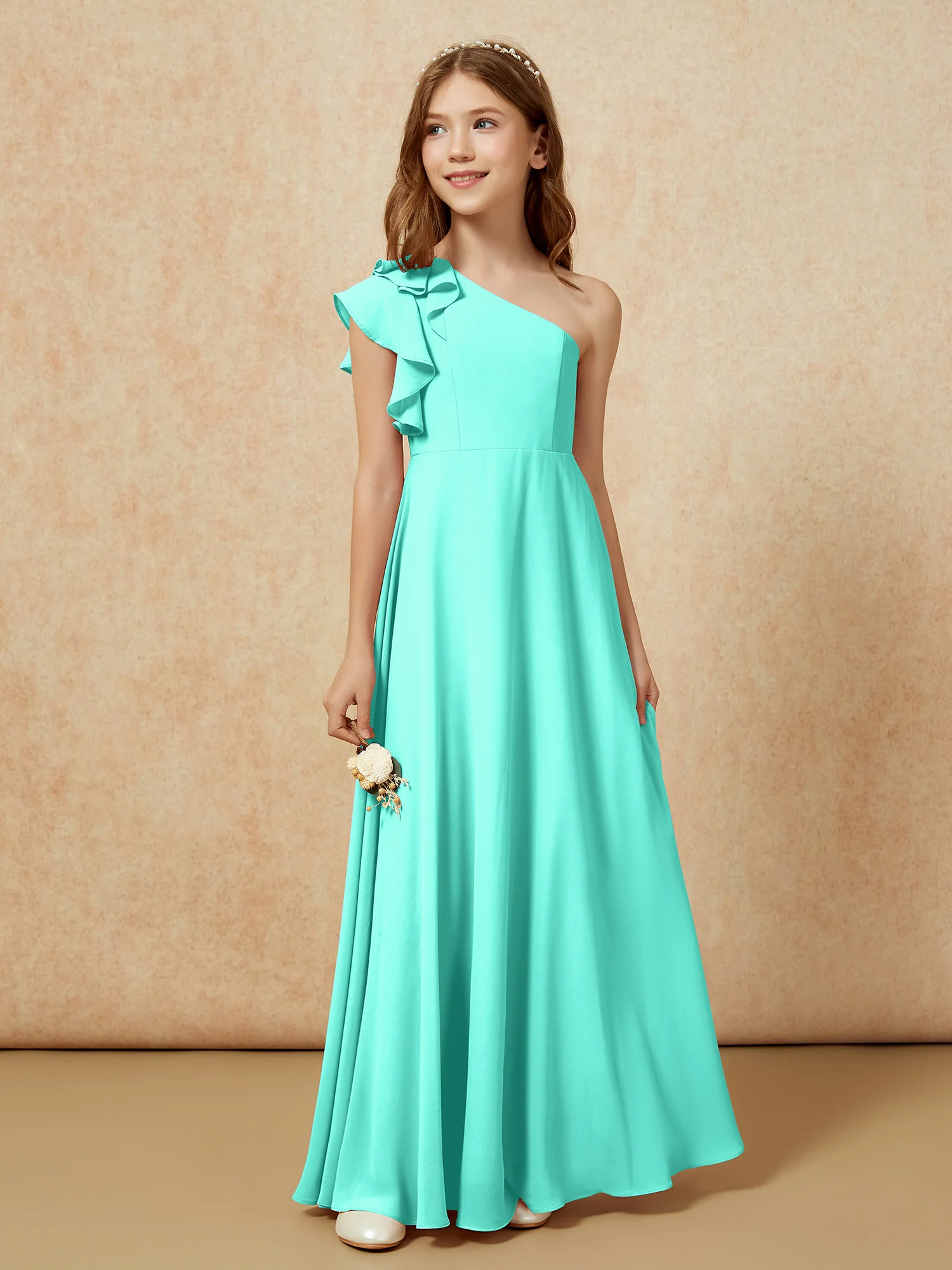 One Shoulder Flutter Sleeves Junior Bridesmaid Dresses Spa - Image 5