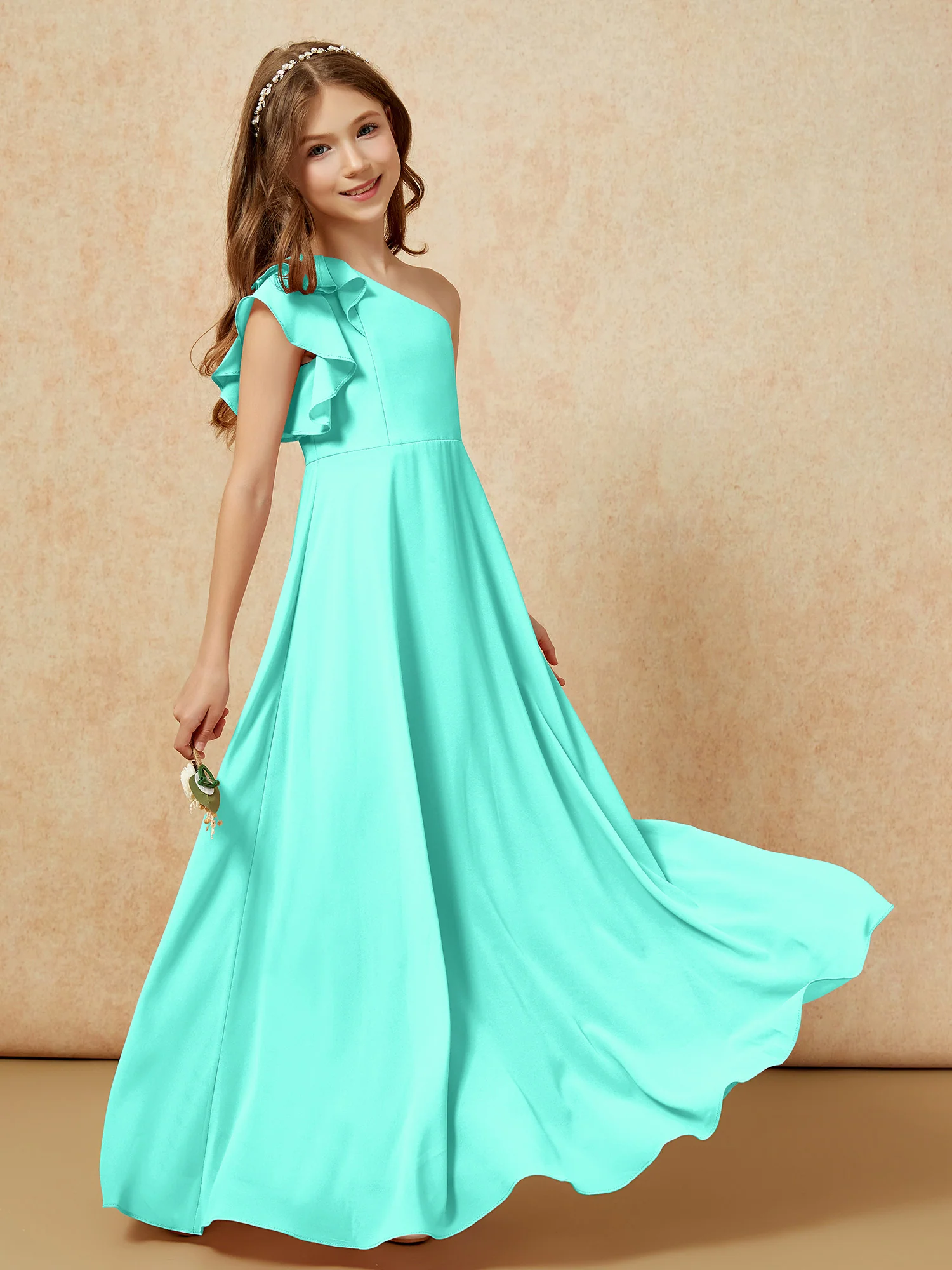 One Shoulder Flutter Sleeves Junior Bridesmaid Dresses Spa - Image 6