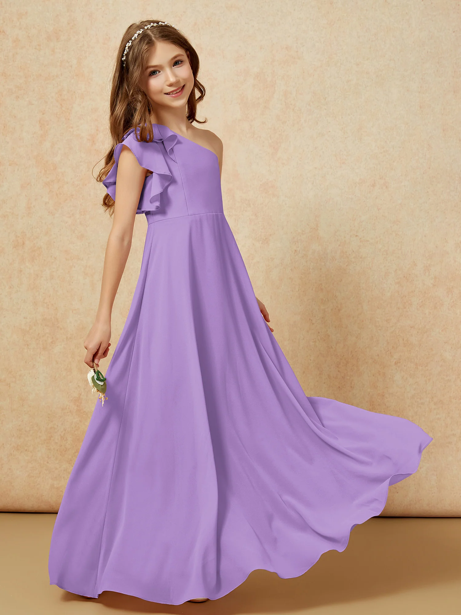 One Shoulder Flutter Sleeves Junior Bridesmaid Dresses Tahiti - Image 6