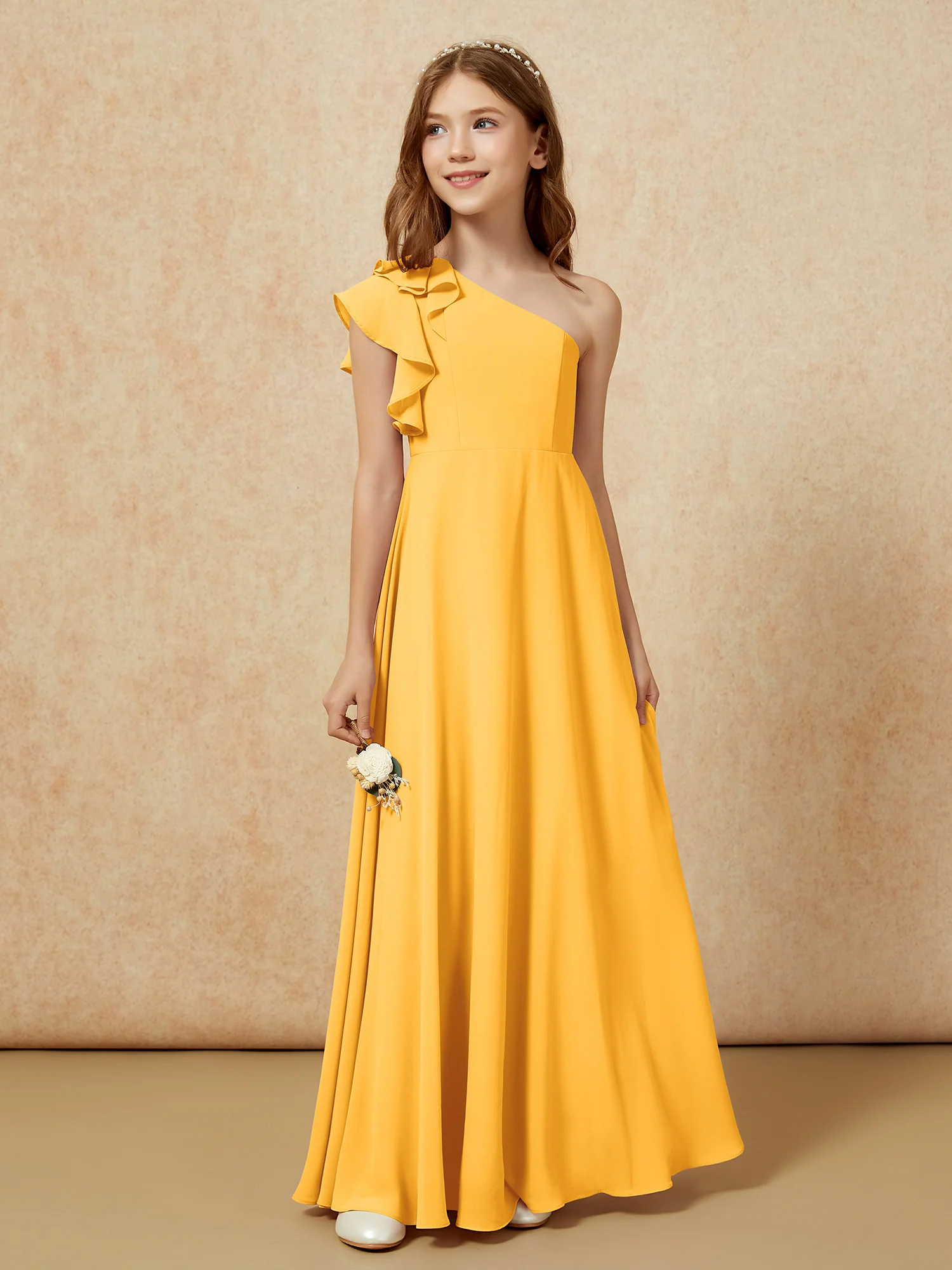 One Shoulder Flutter Sleeves Junior Bridesmaid Dresses Tangerine - Image 5