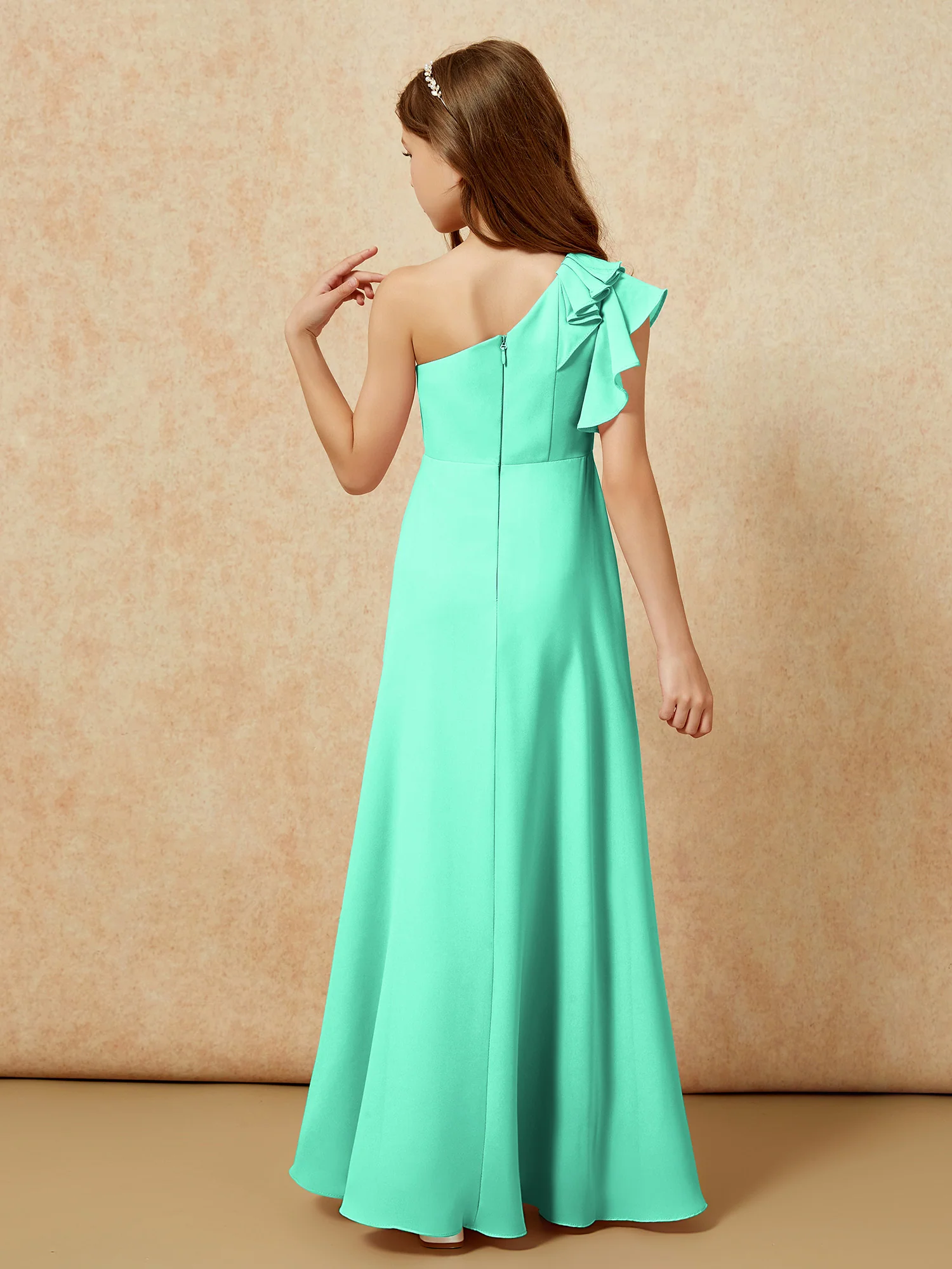 One Shoulder Flutter Sleeves Junior Bridesmaid Dresses Turquoise - Image 2