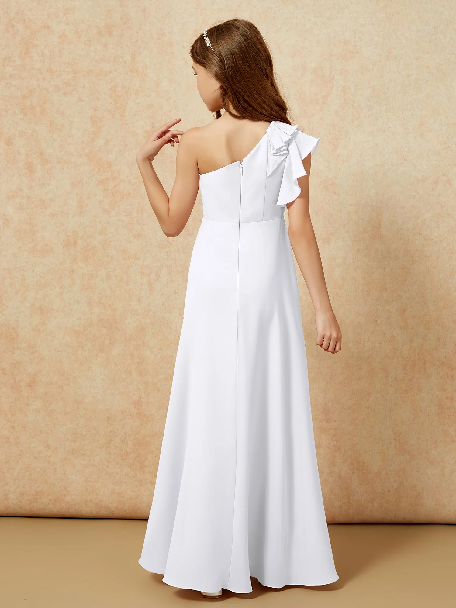 One Shoulder Flutter Sleeves Junior Bridesmaid Dresses White - Image 2