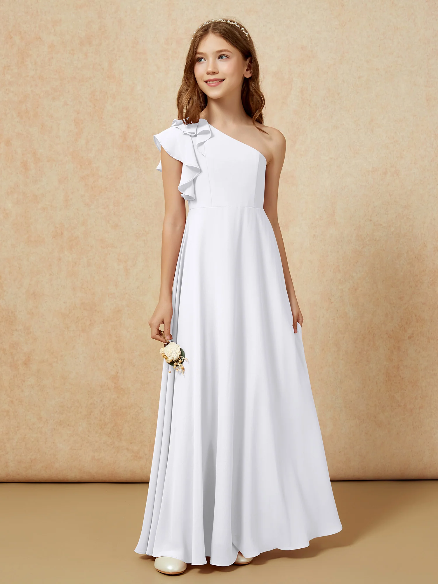 One Shoulder Flutter Sleeves Junior Bridesmaid Dresses White - Image 5