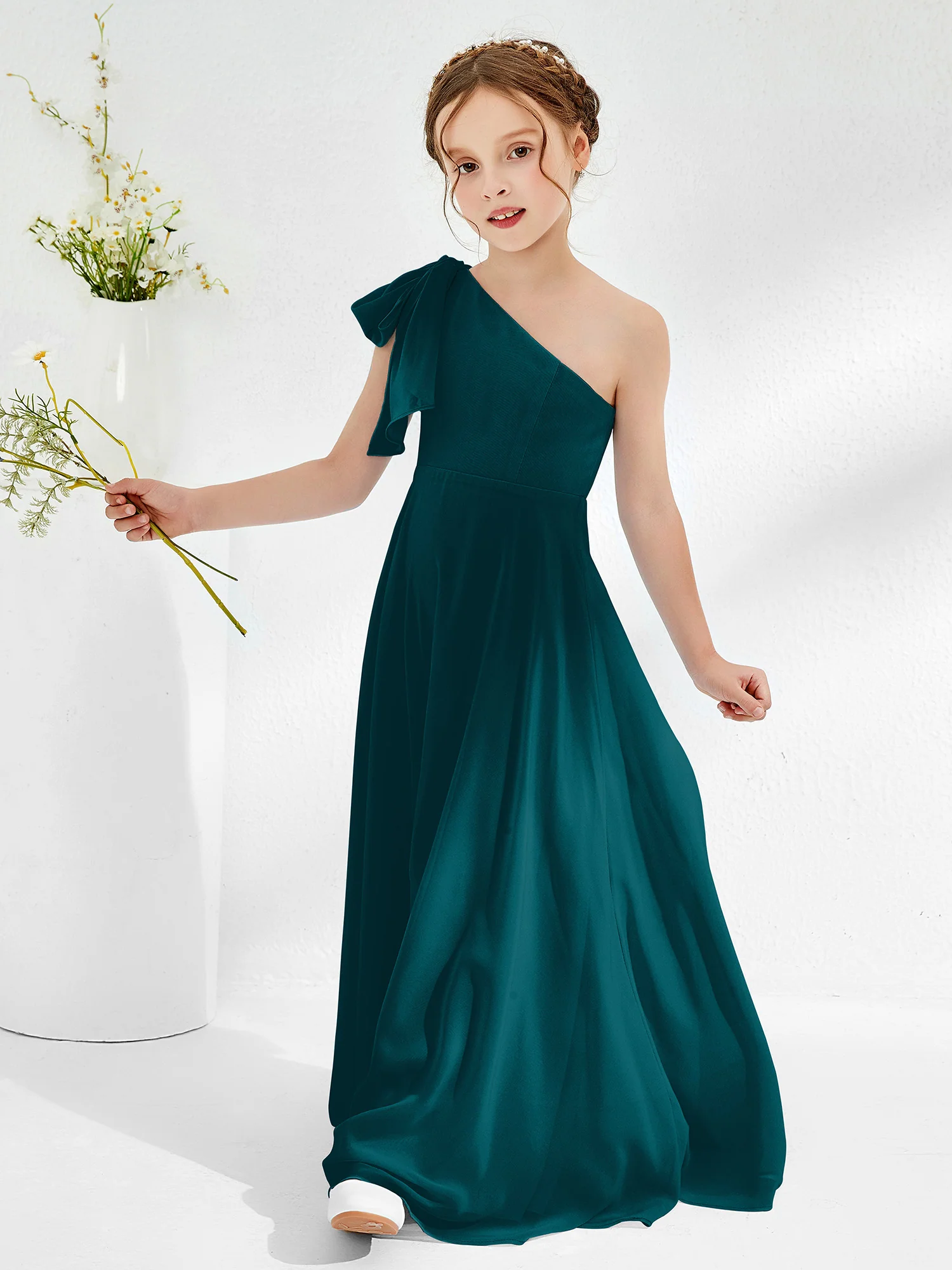 One Shoulder Junior Bridesmaid Dresses with Pleated Pine - Image 3