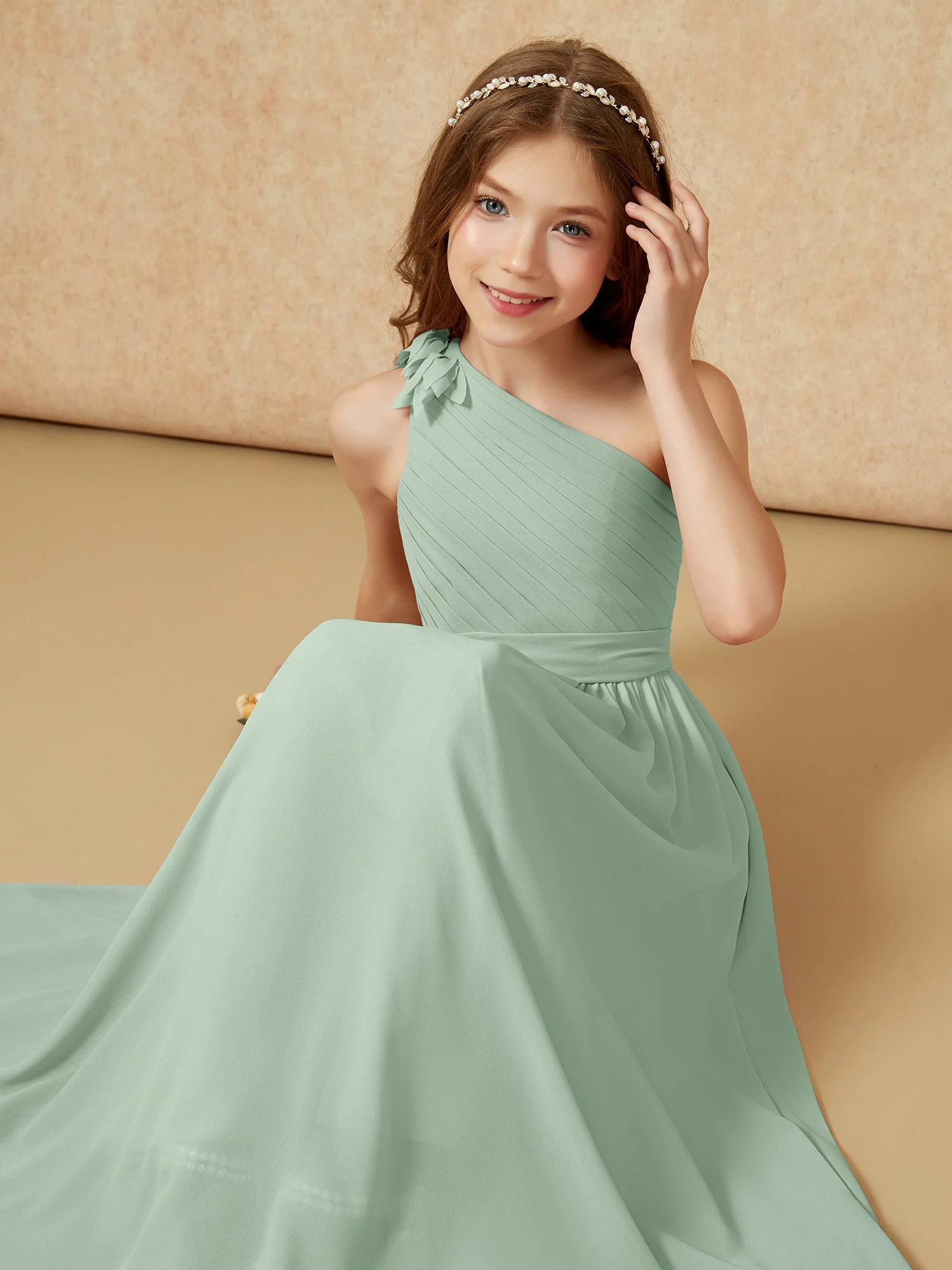One Shoulder Long Junior Bridesmaid Dress With Belt Agave - Image 7