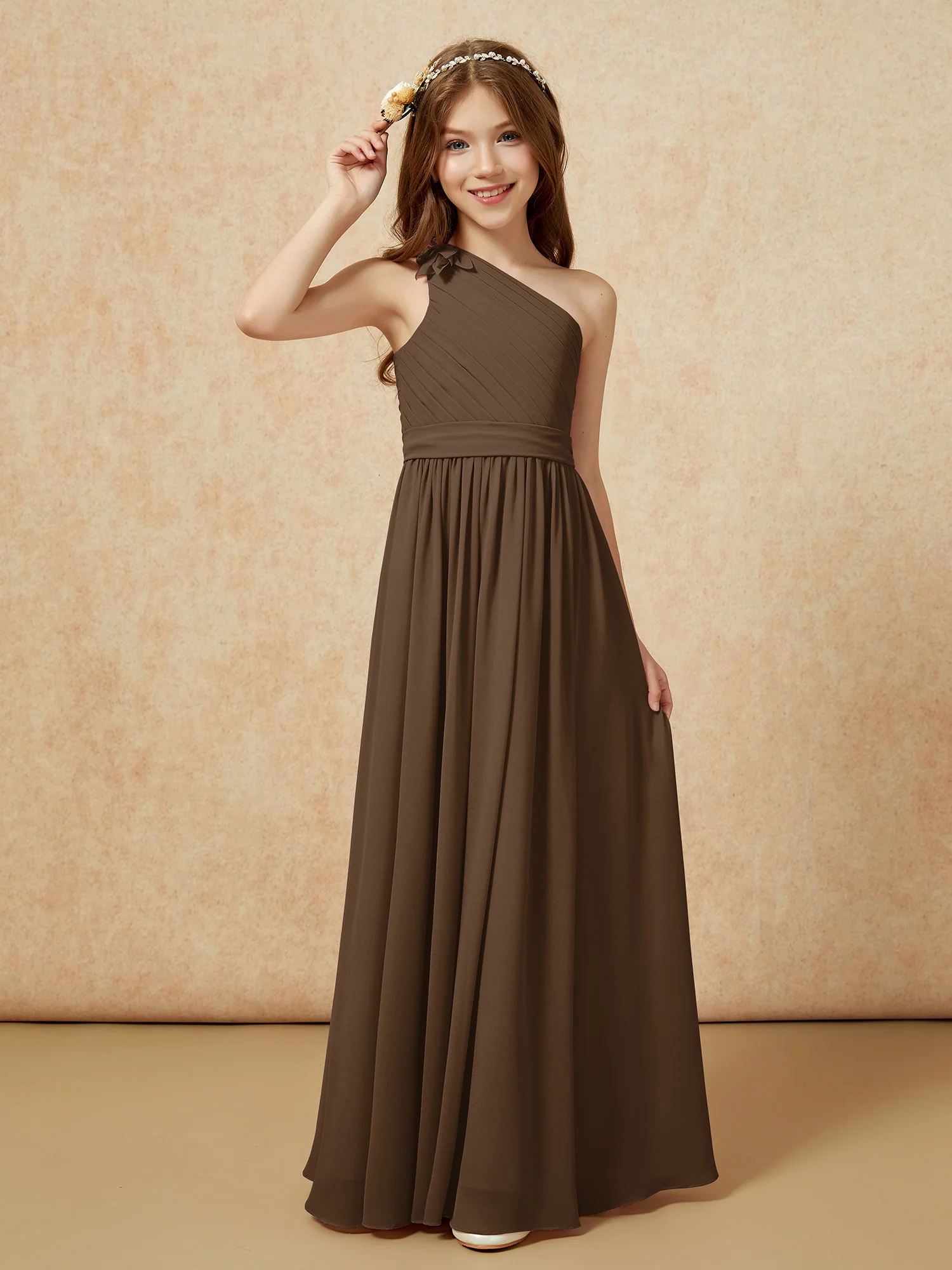 One Shoulder Long Junior Bridesmaid Dress With Belt Brown - Image 3