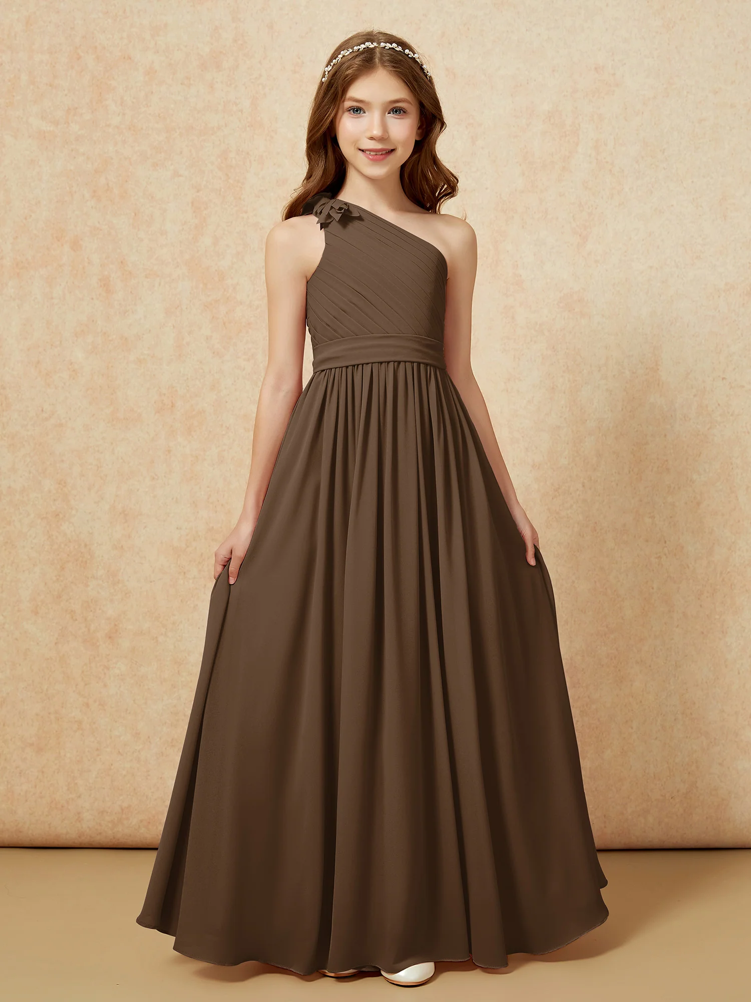 One Shoulder Long Junior Bridesmaid Dress With Belt Brown - Image 4