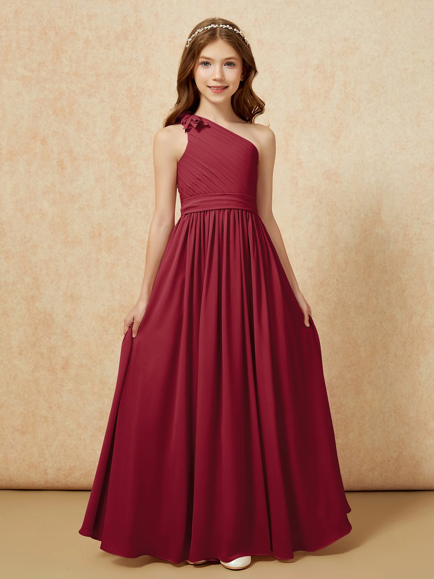 One Shoulder Long Junior Bridesmaid Dress With Belt Burgundy - Image 4