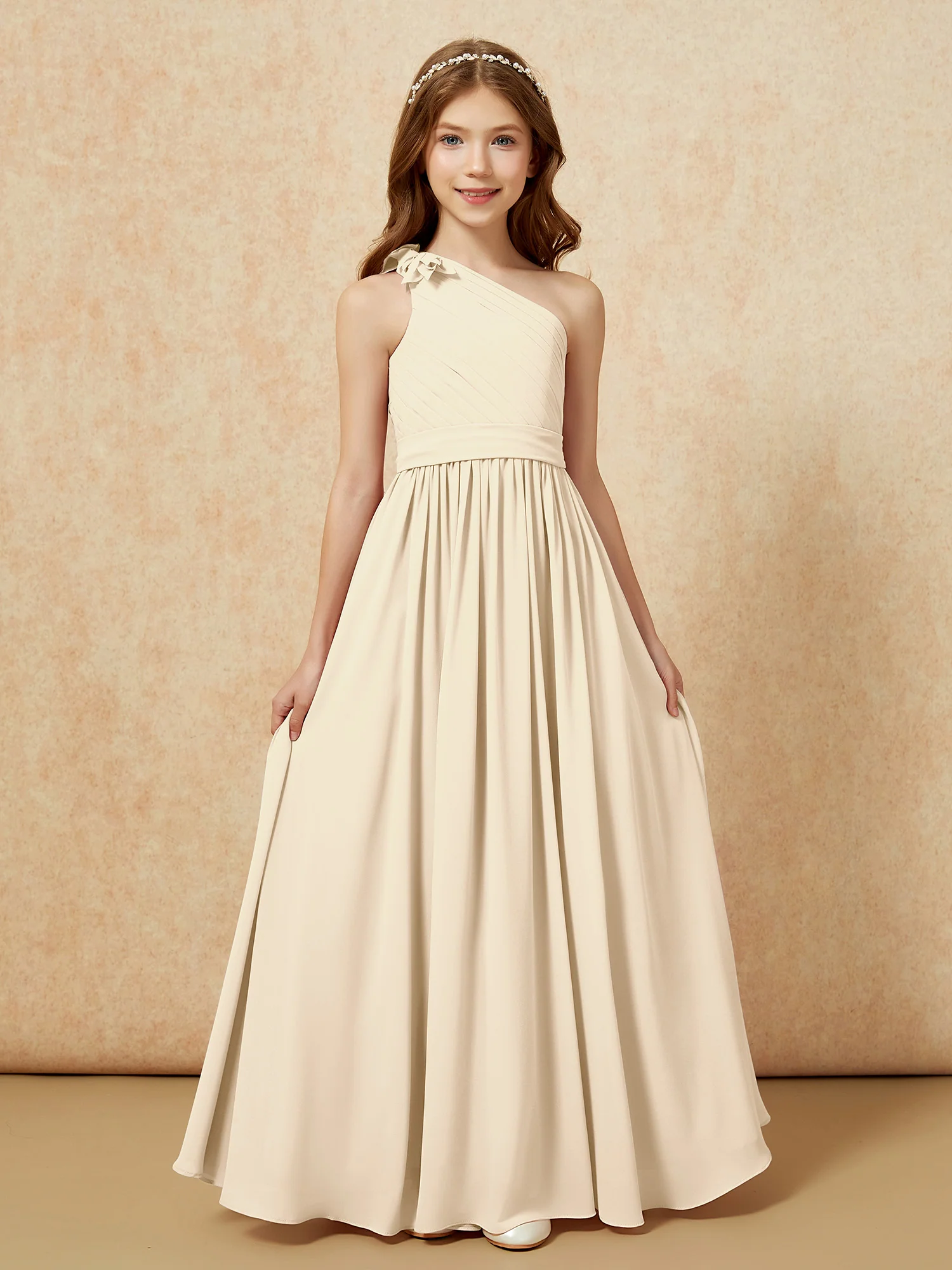 One Shoulder Long Junior Bridesmaid Dress With Belt Champagne - Image 4