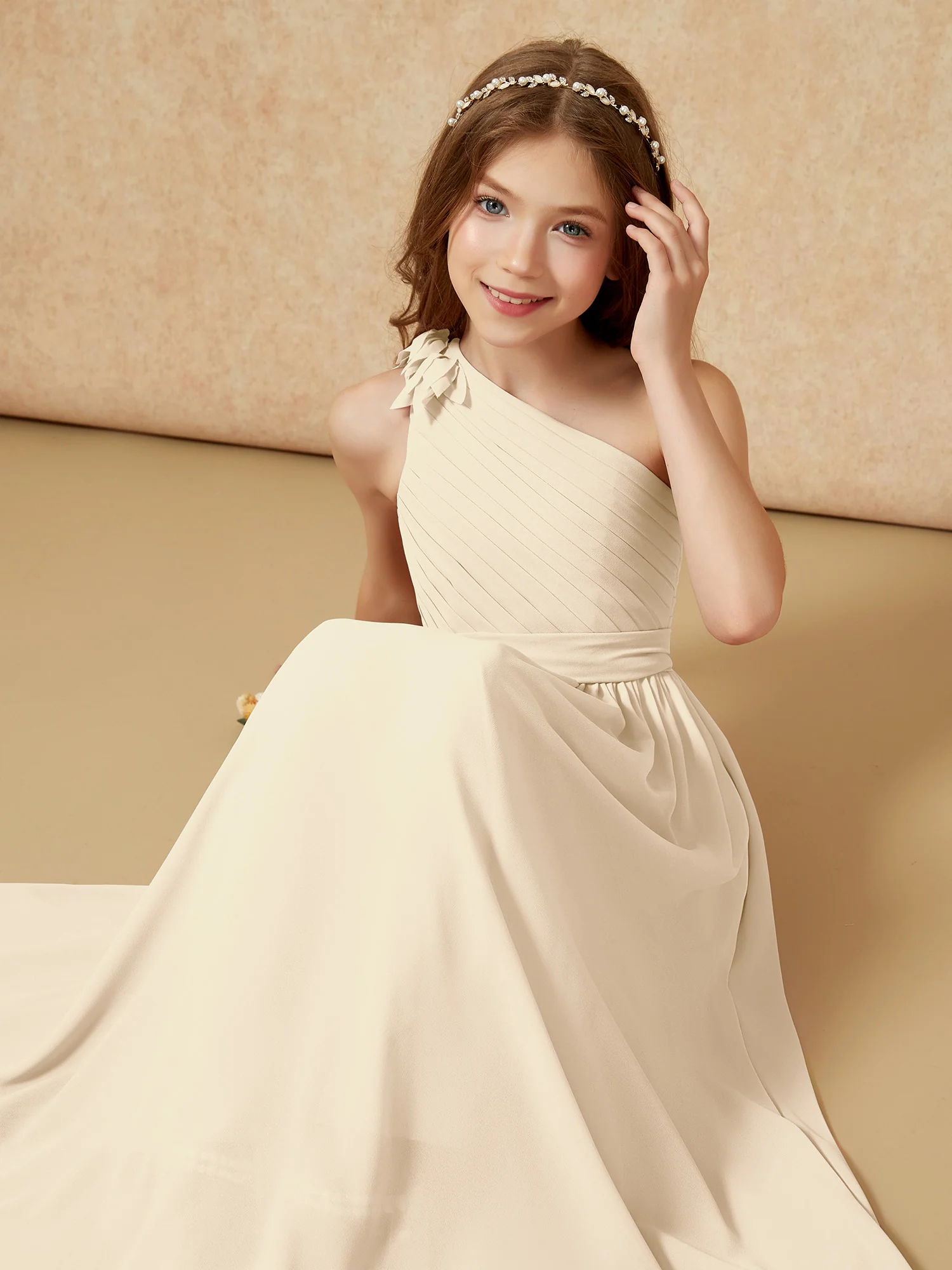 One Shoulder Long Junior Bridesmaid Dress With Belt Champagne - Image 7