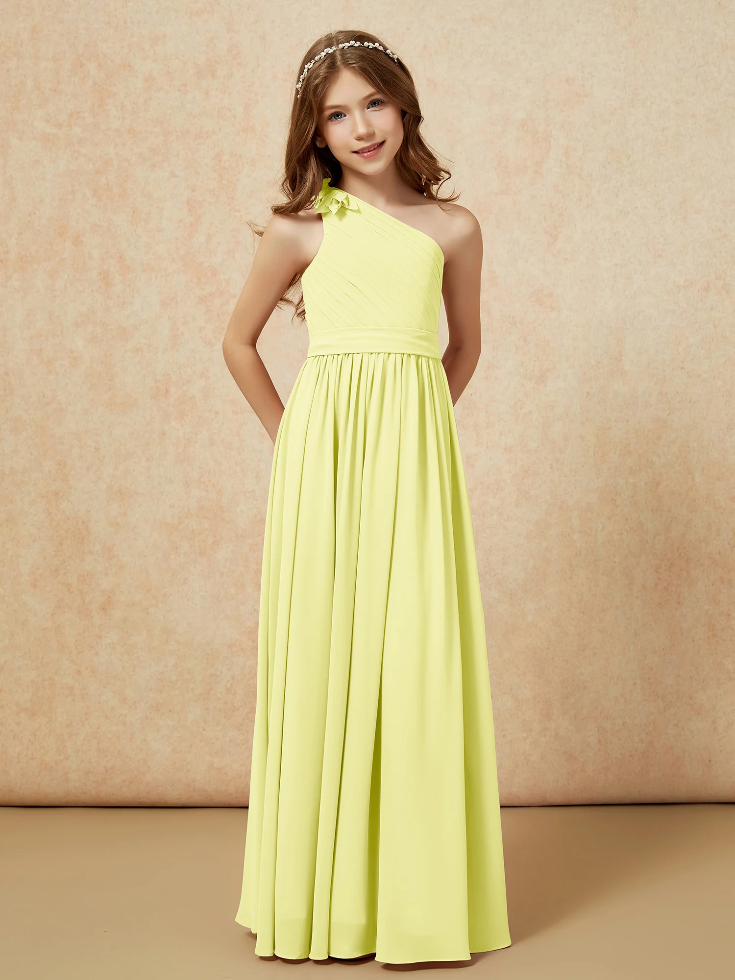 One Shoulder Long Junior Bridesmaid Dress With Belt Daffodil - Image 5