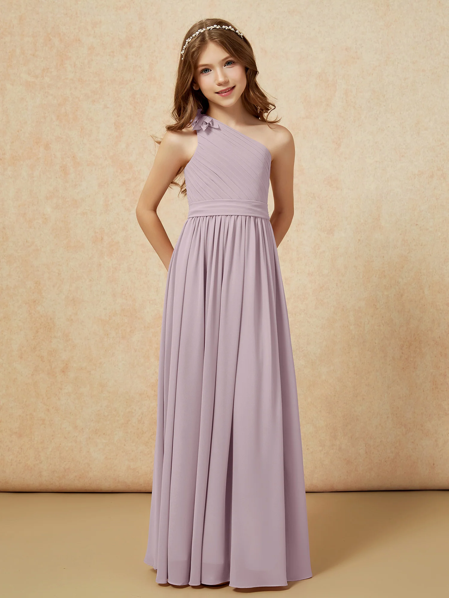 One Shoulder Long Junior Bridesmaid Dress With Belt Dusk - Image 5