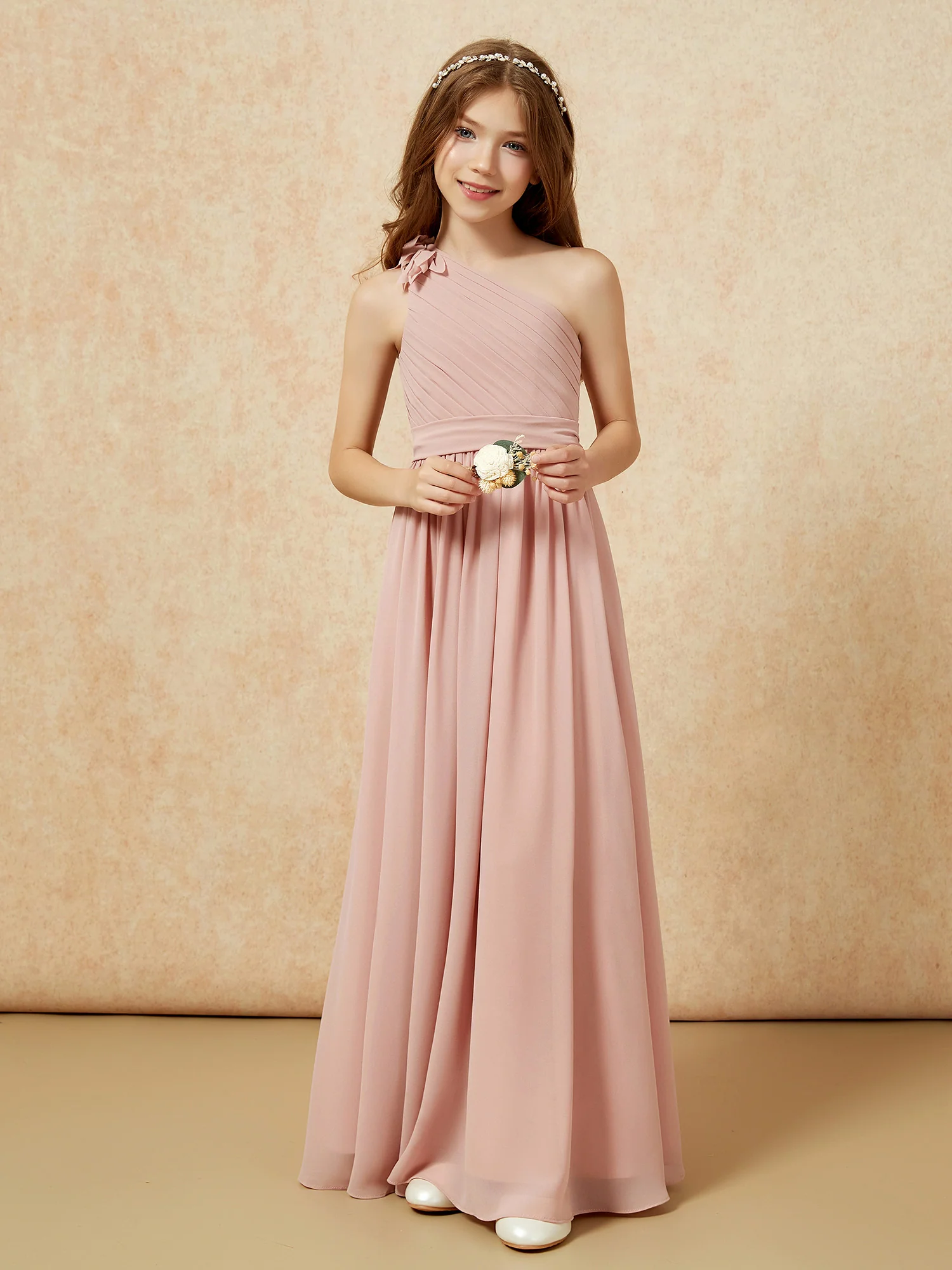 One Shoulder Long Junior Bridesmaid Dress With Belt Dusty Rose - Image 6