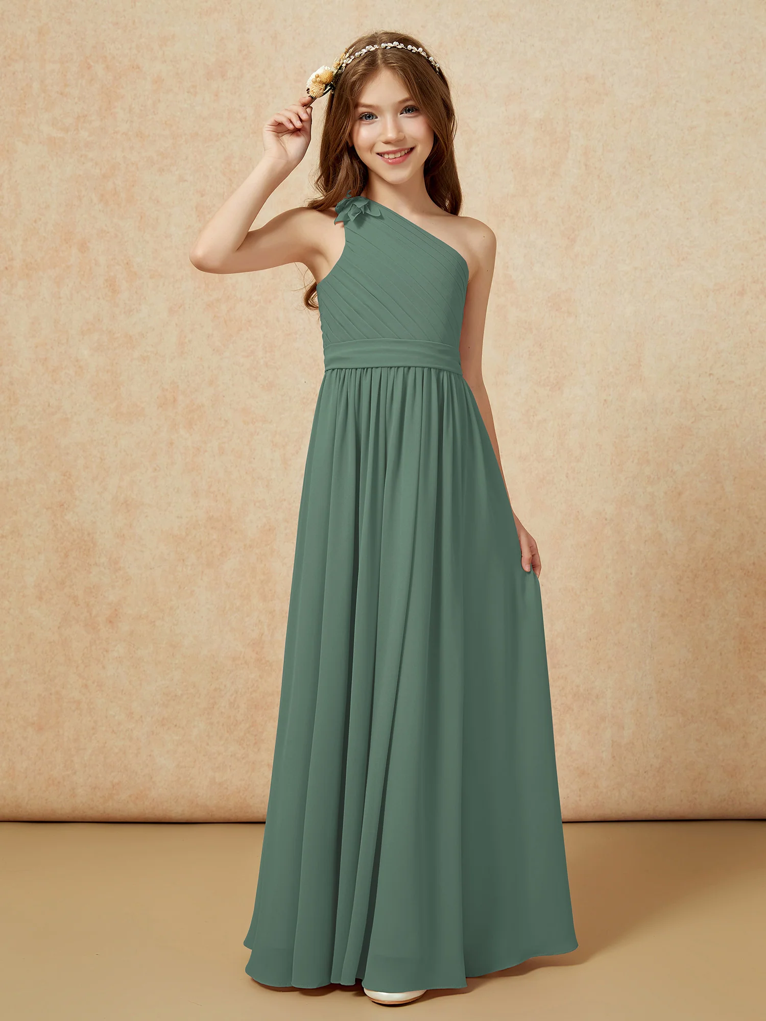 One Shoulder Long Junior Bridesmaid Dress With Belt Eucalyptus - Image 3