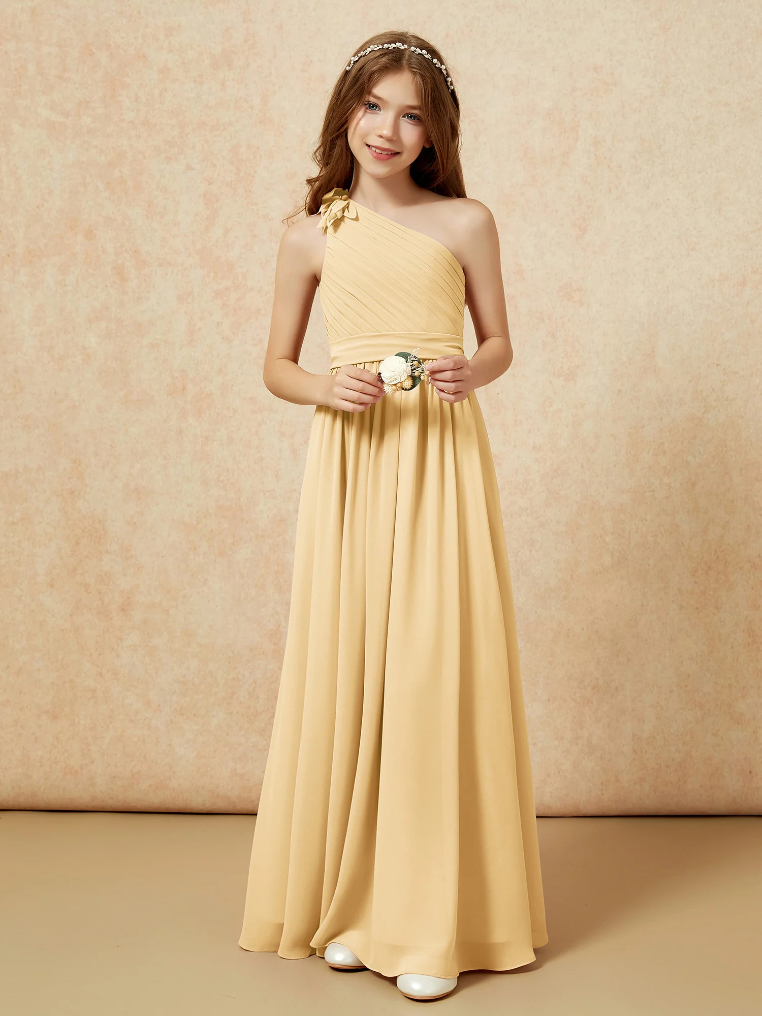One Shoulder Long Junior Bridesmaid Dress With Belt Gold - Image 6