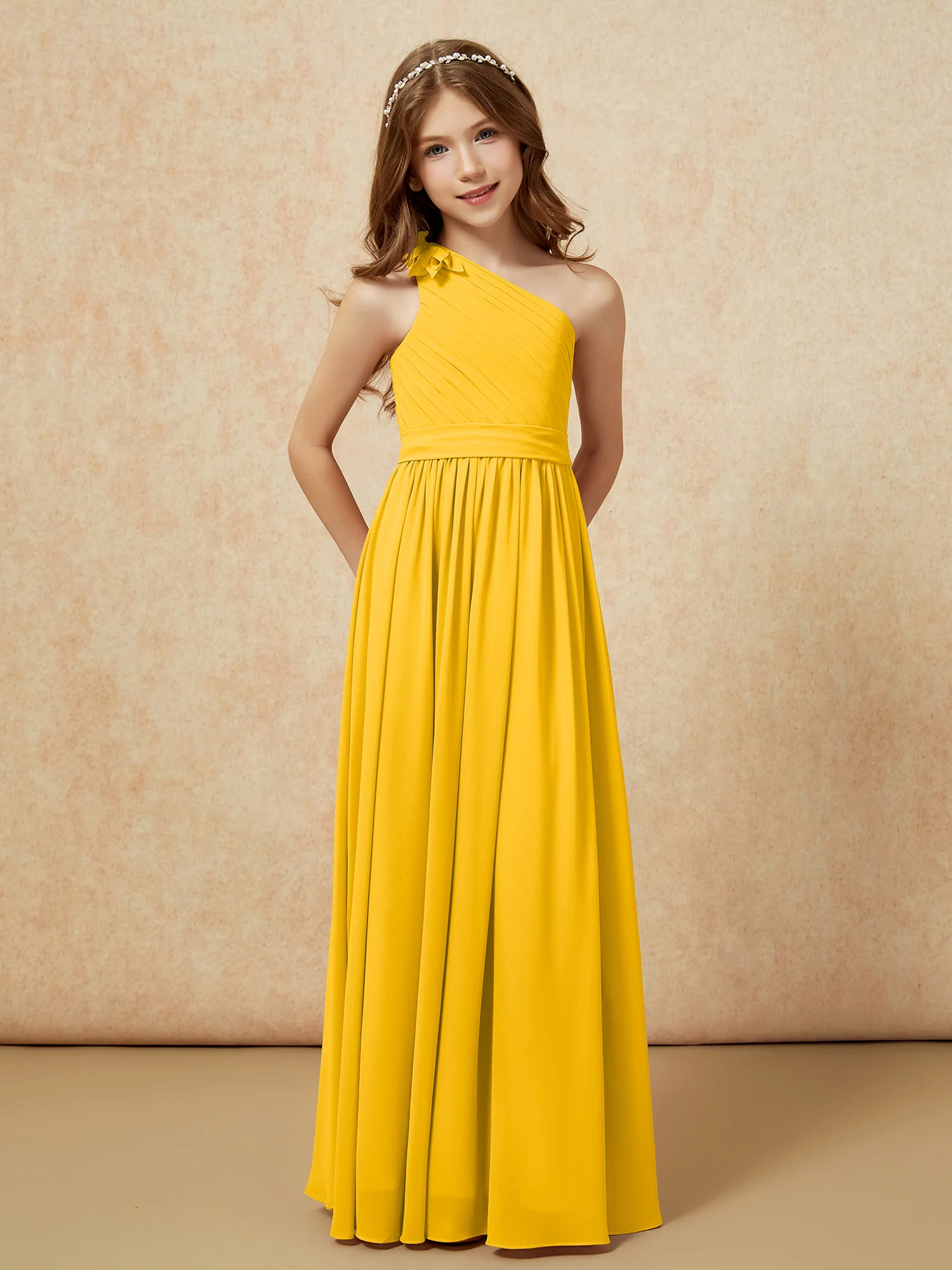 One Shoulder Long Junior Bridesmaid Dress With Belt Marigold - Image 5