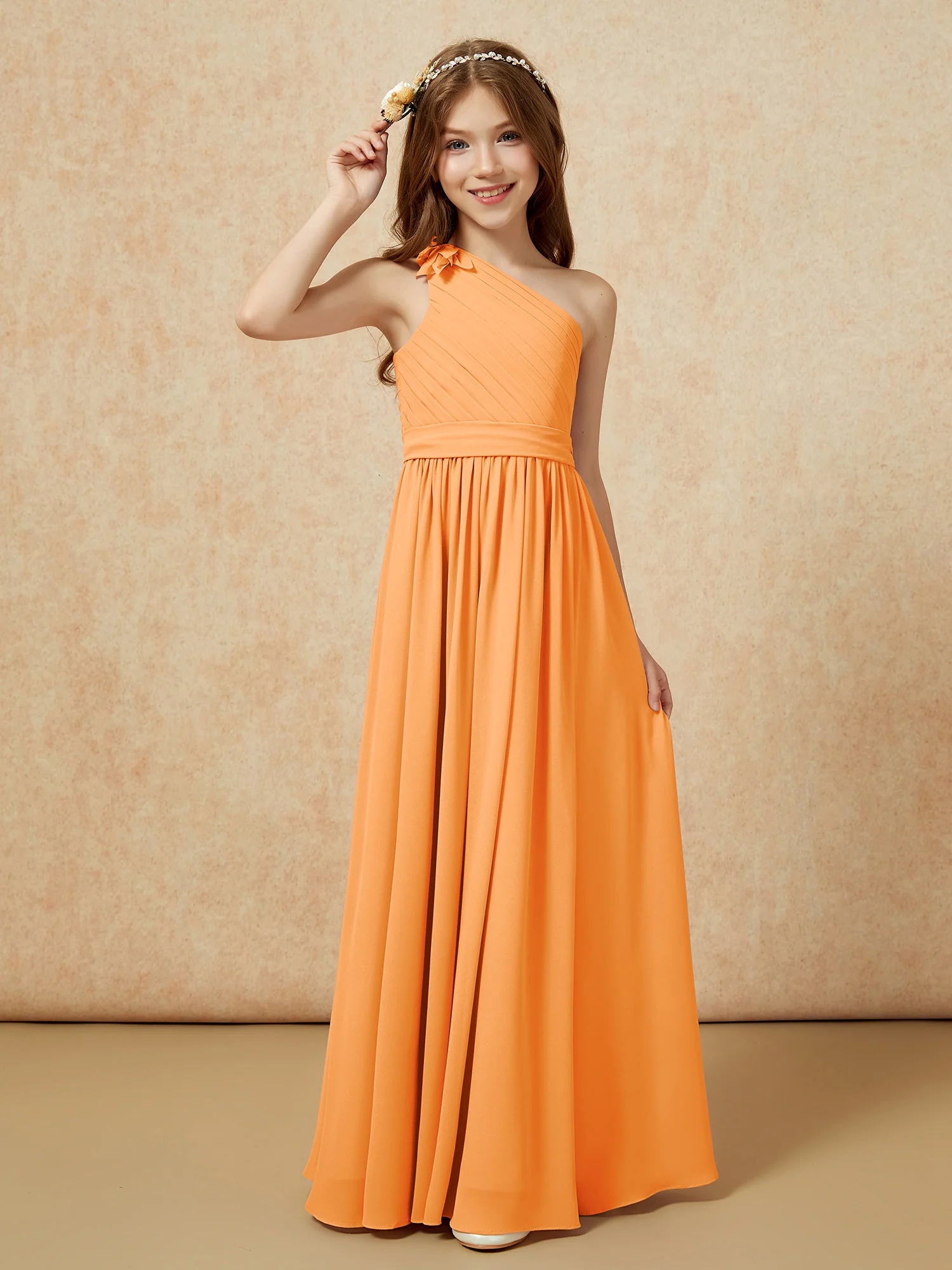 One Shoulder Long Junior Bridesmaid Dress With Belt Orange - Image 3