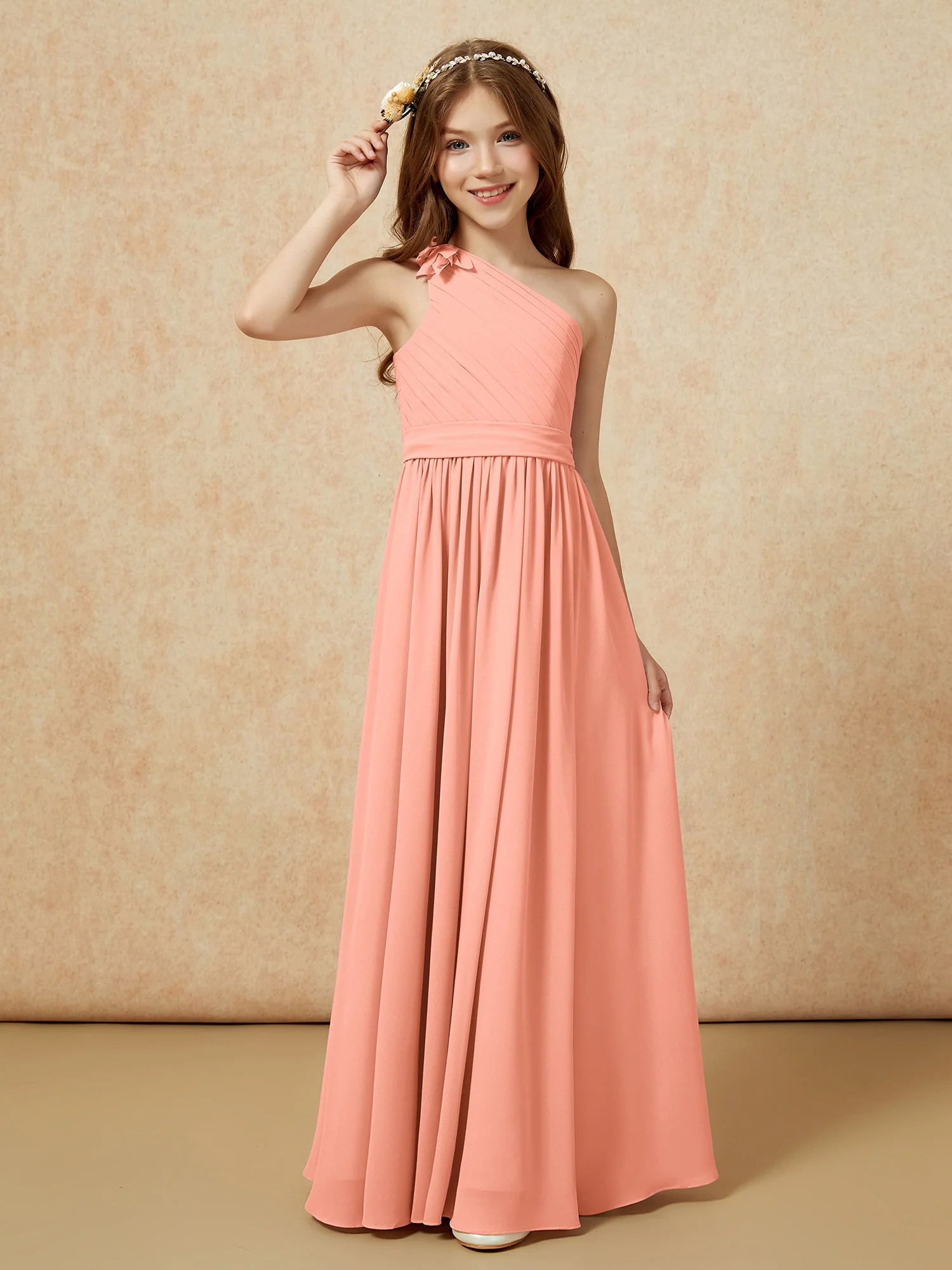 One Shoulder Long Junior Bridesmaid Dress With Belt Papaya - Image 3