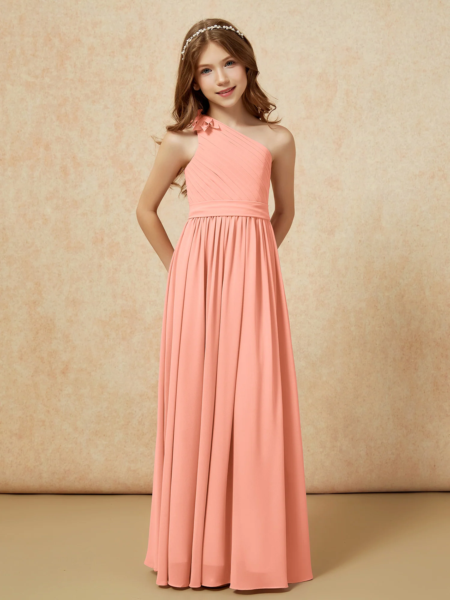 One Shoulder Long Junior Bridesmaid Dress With Belt Papaya - Image 5