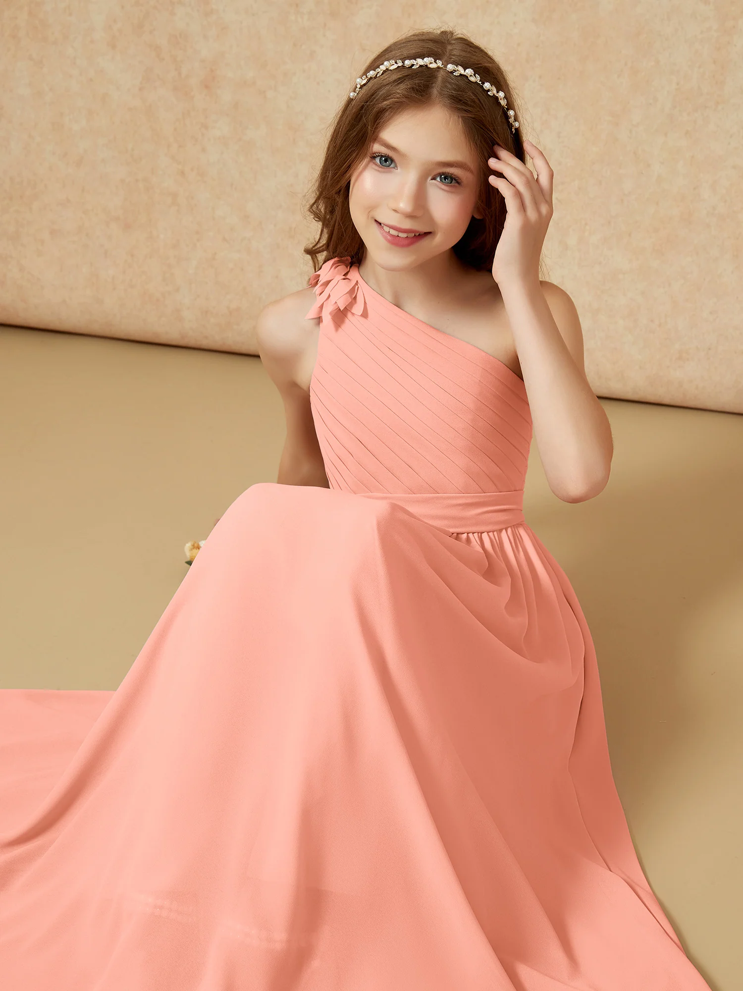 One Shoulder Long Junior Bridesmaid Dress With Belt Papaya - Image 7