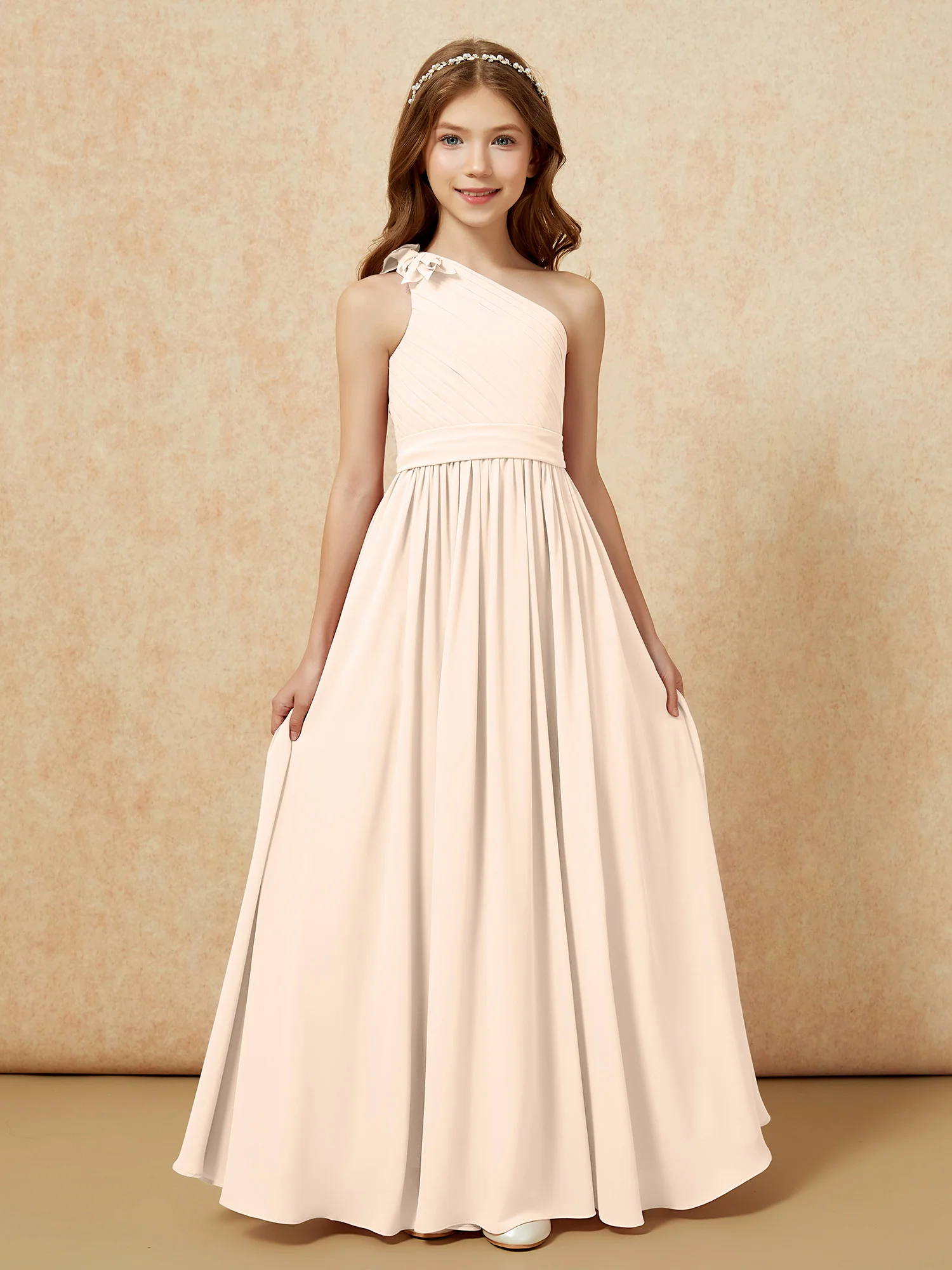 One Shoulder Long Junior Bridesmaid Dress With Belt Peach - Image 4