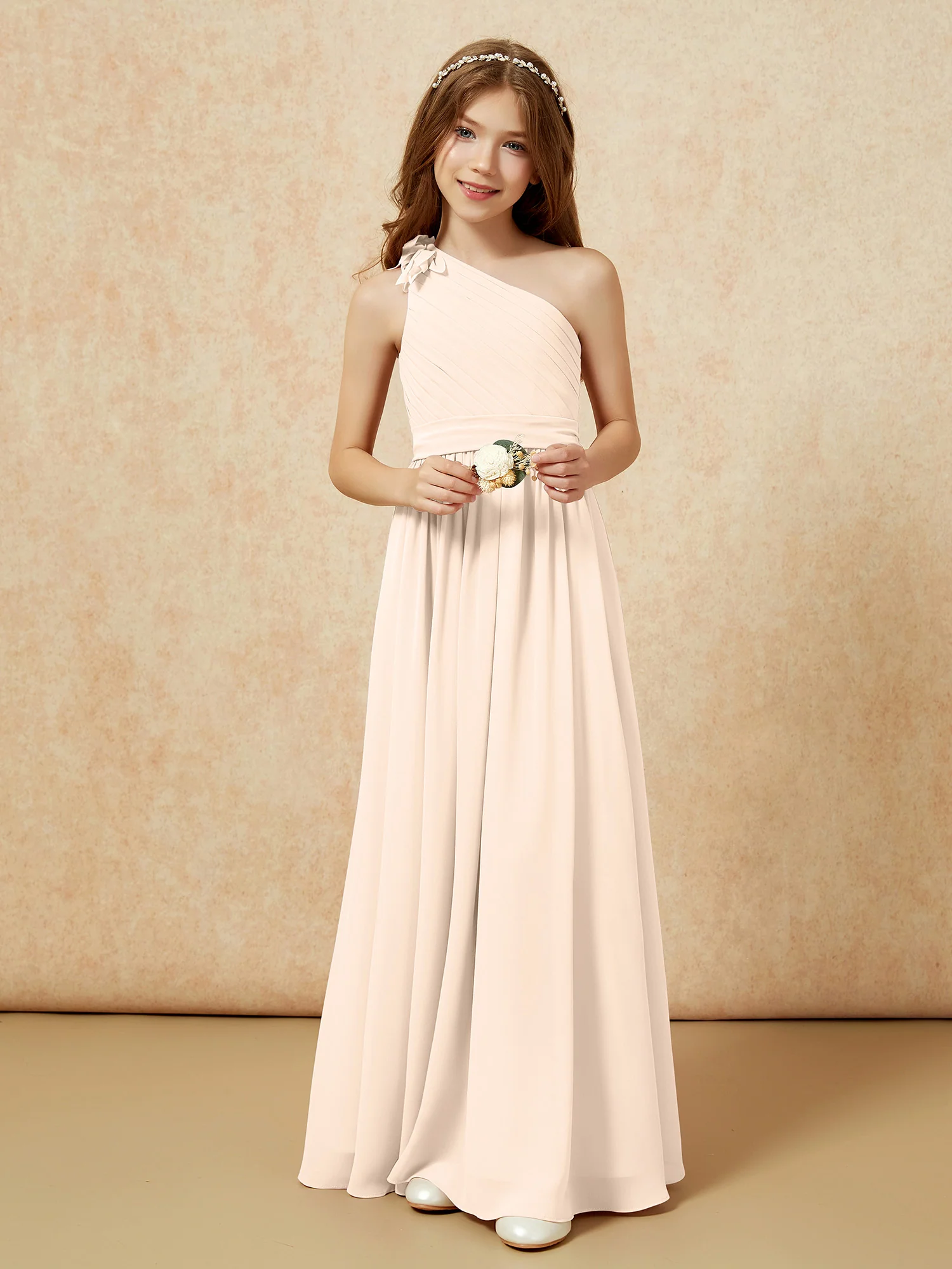 One Shoulder Long Junior Bridesmaid Dress With Belt Peach - Image 6