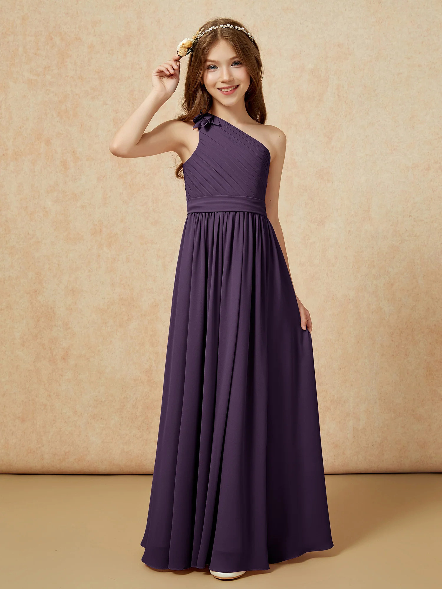 One Shoulder Long Junior Bridesmaid Dress With Belt Plum - Image 3