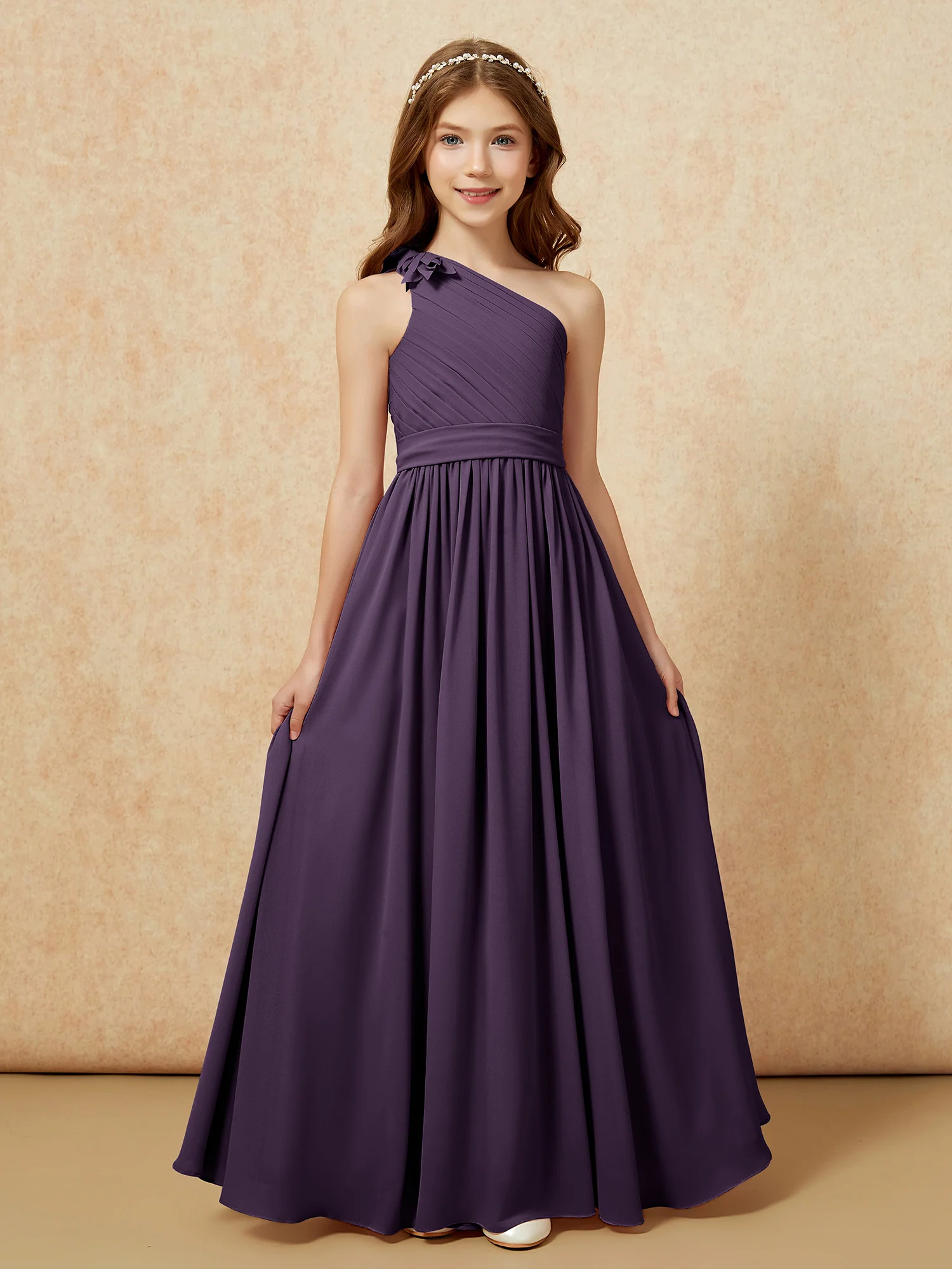 One Shoulder Long Junior Bridesmaid Dress With Belt Plum - Image 4