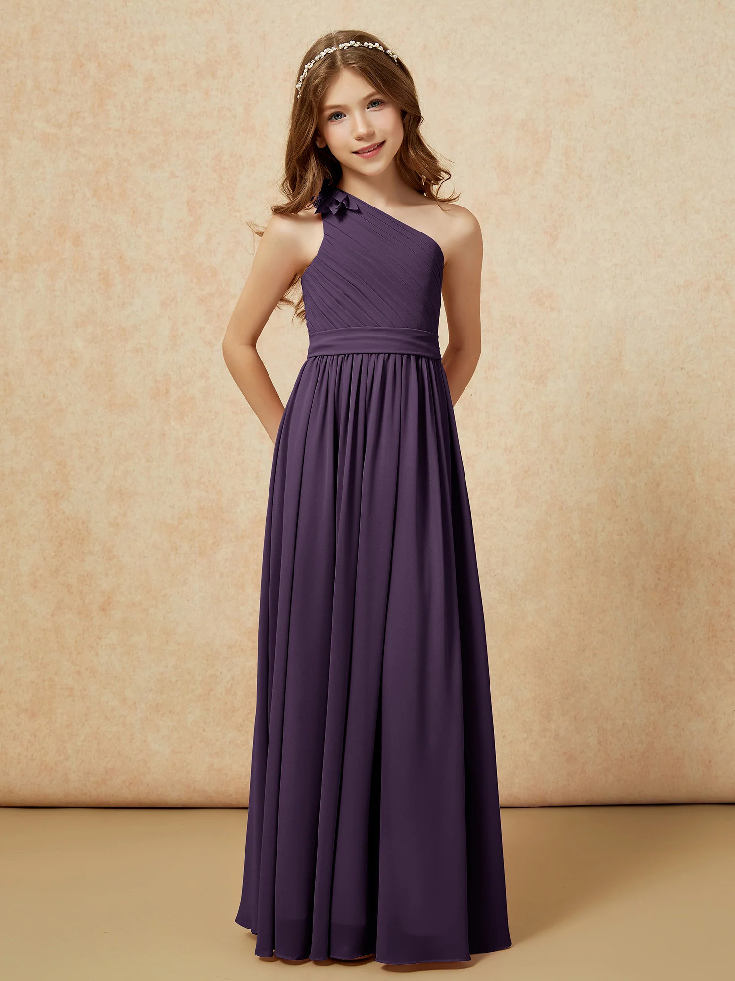 One Shoulder Long Junior Bridesmaid Dress With Belt Plum - Image 5