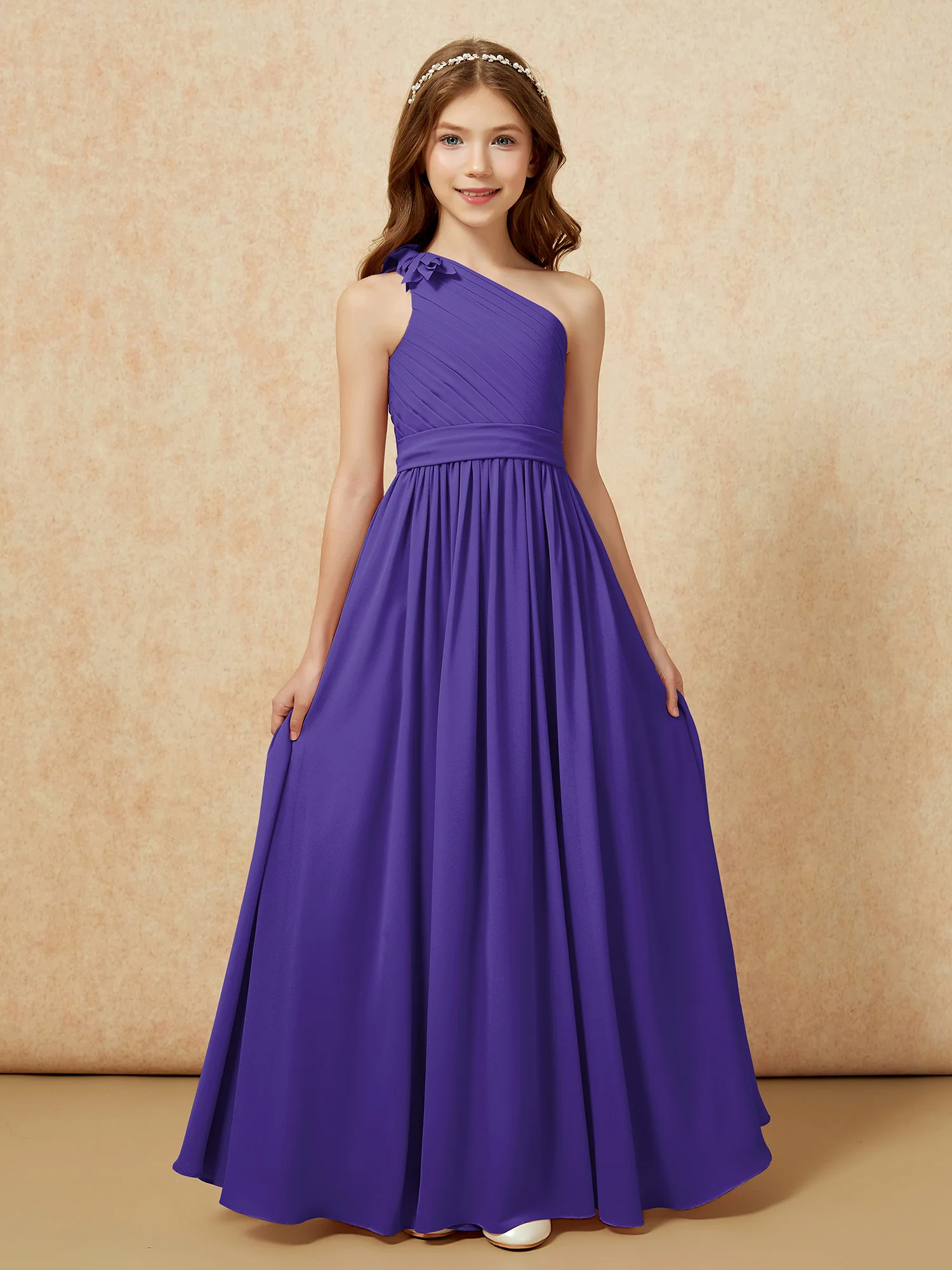 One Shoulder Long Junior Bridesmaid Dress With Belt Regency - Image 4