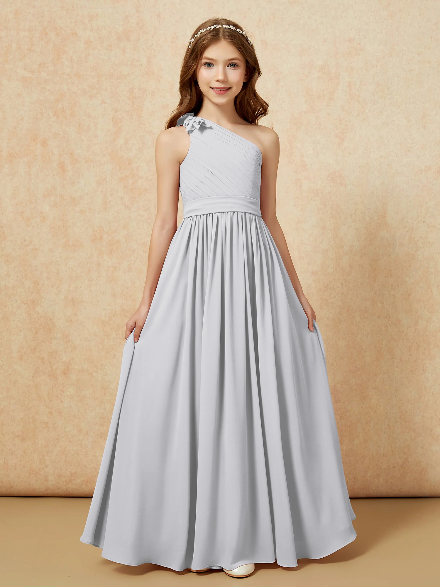 One Shoulder Long Junior Bridesmaid Dress With Belt Silver - Image 4
