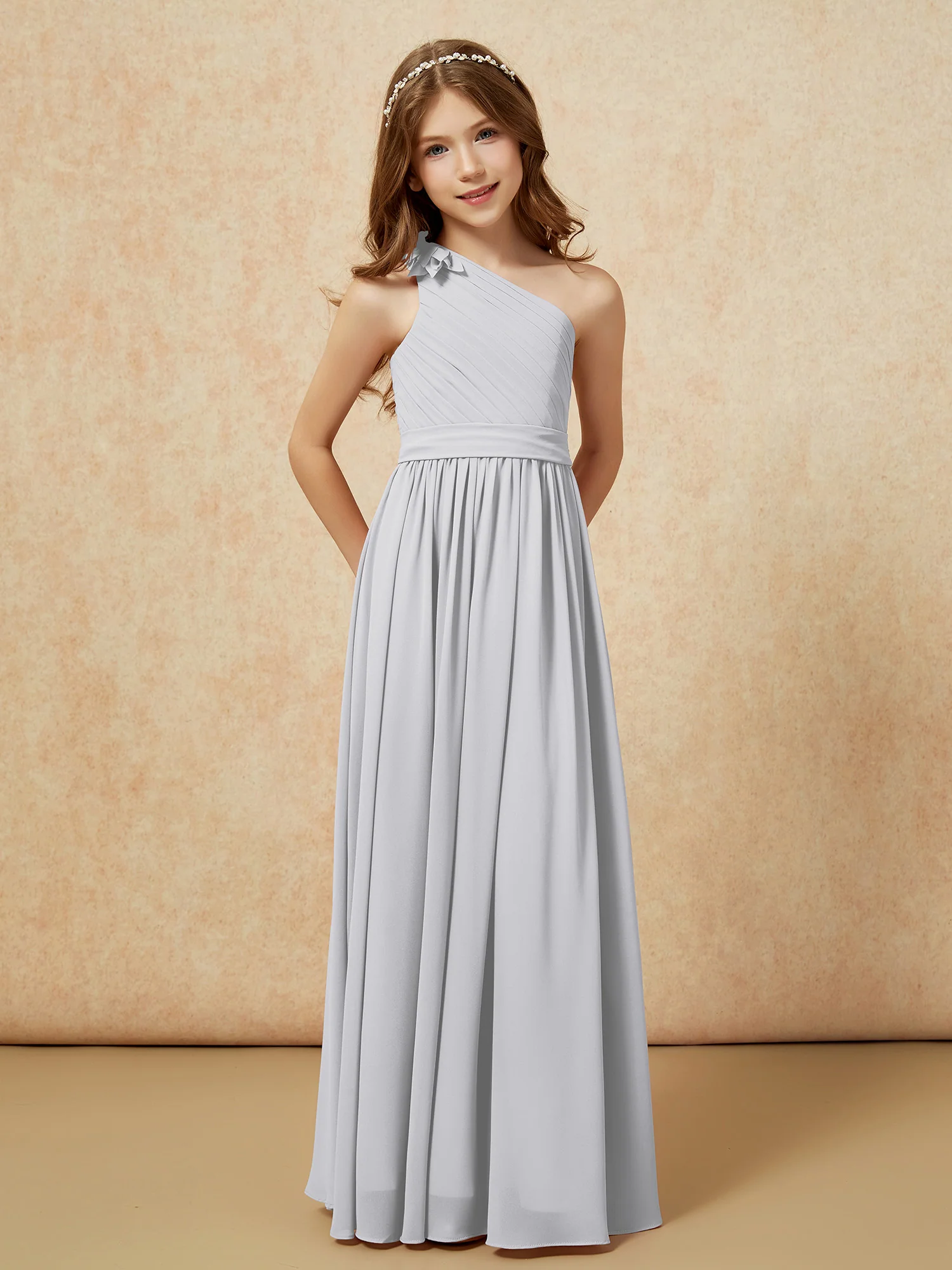 One Shoulder Long Junior Bridesmaid Dress With Belt Silver - Image 5