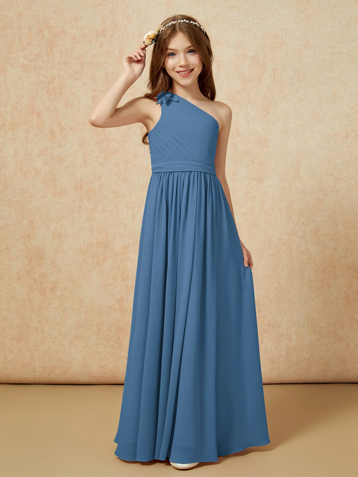 One Shoulder Long Junior Bridesmaid Dress With Belt Slate Blue - Image 3