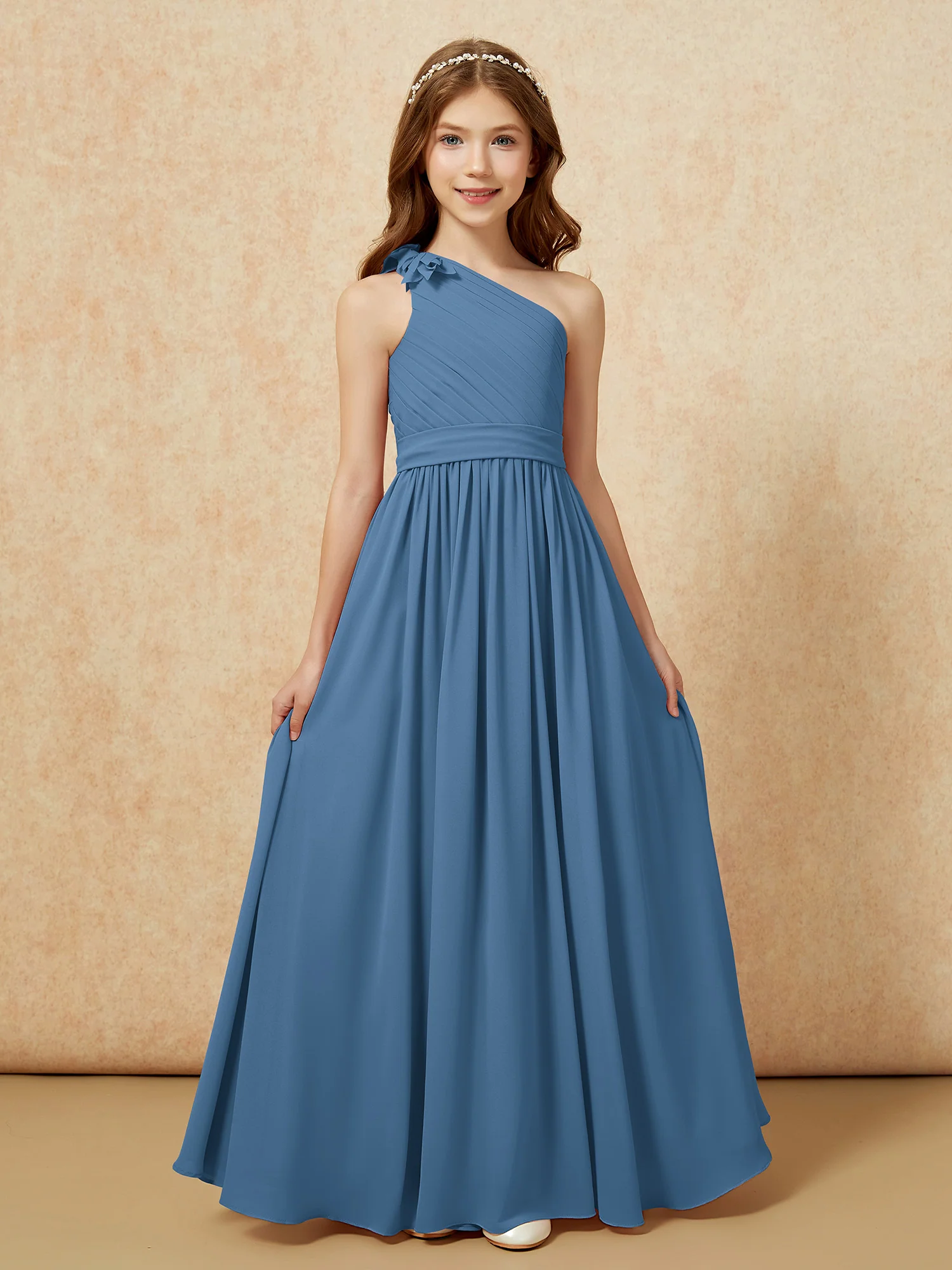 One Shoulder Long Junior Bridesmaid Dress With Belt Slate Blue - Image 4