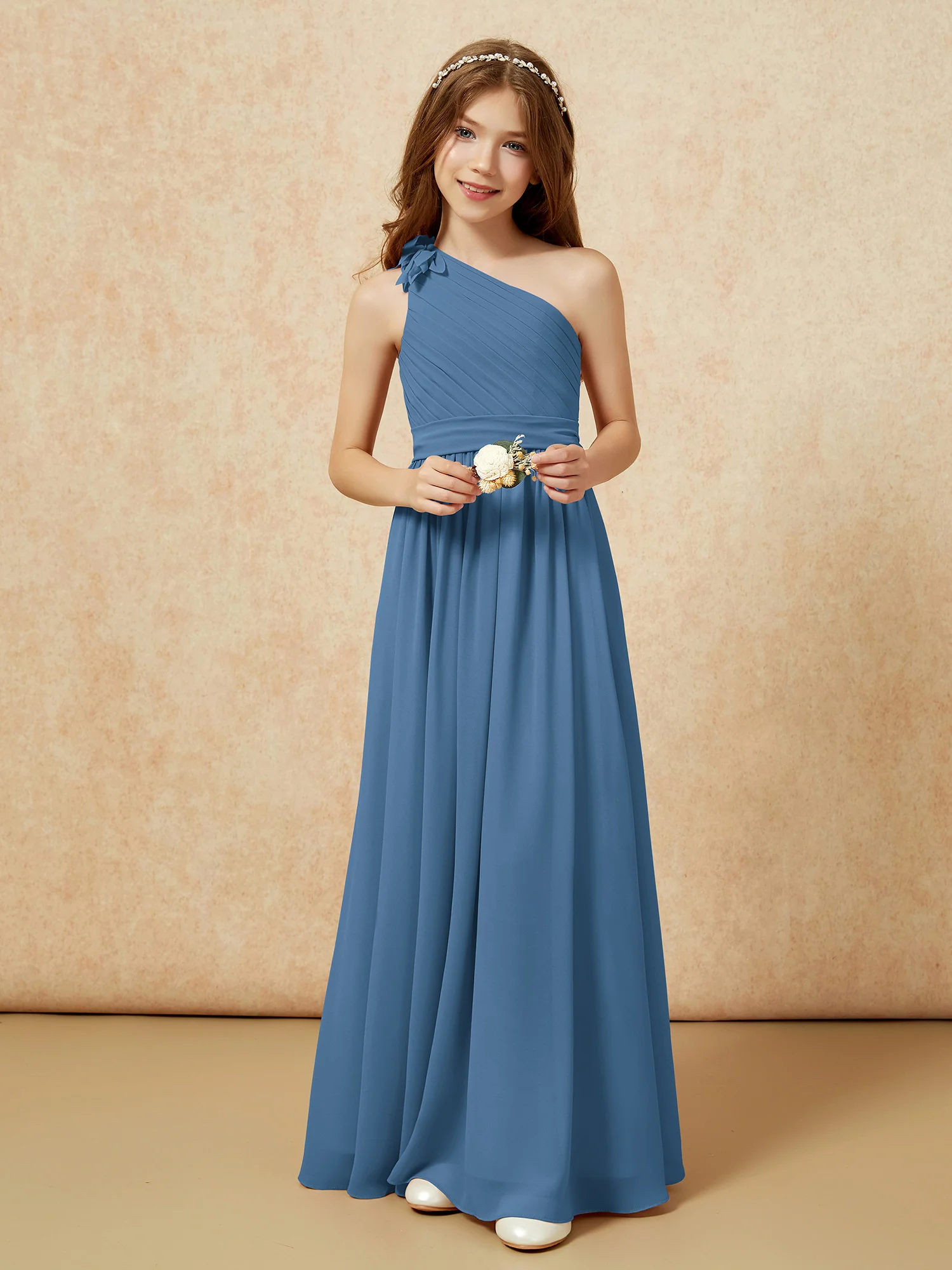 One Shoulder Long Junior Bridesmaid Dress With Belt Slate Blue - Image 6