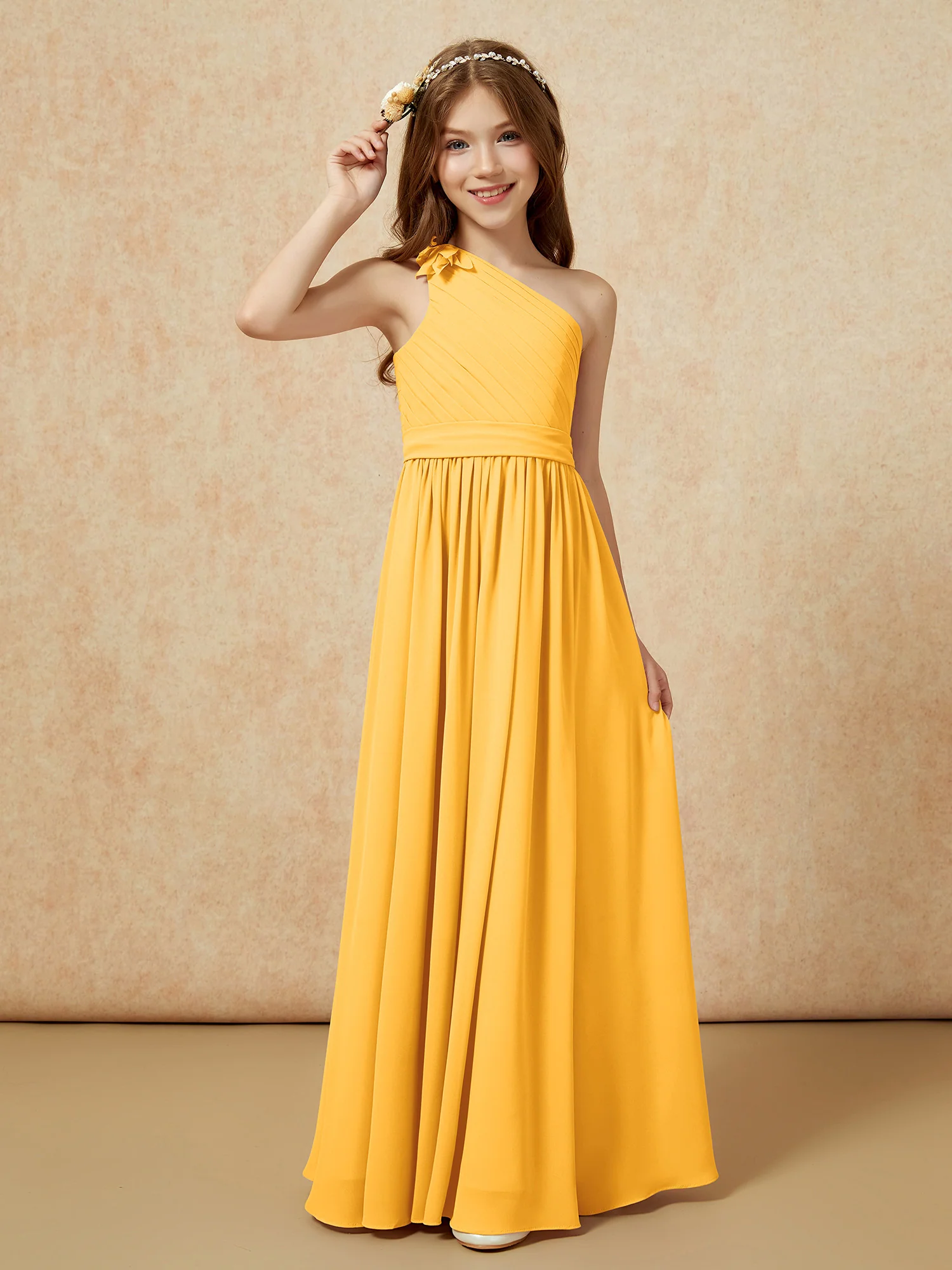 One Shoulder Long Junior Bridesmaid Dress With Belt Tangerine - Image 3