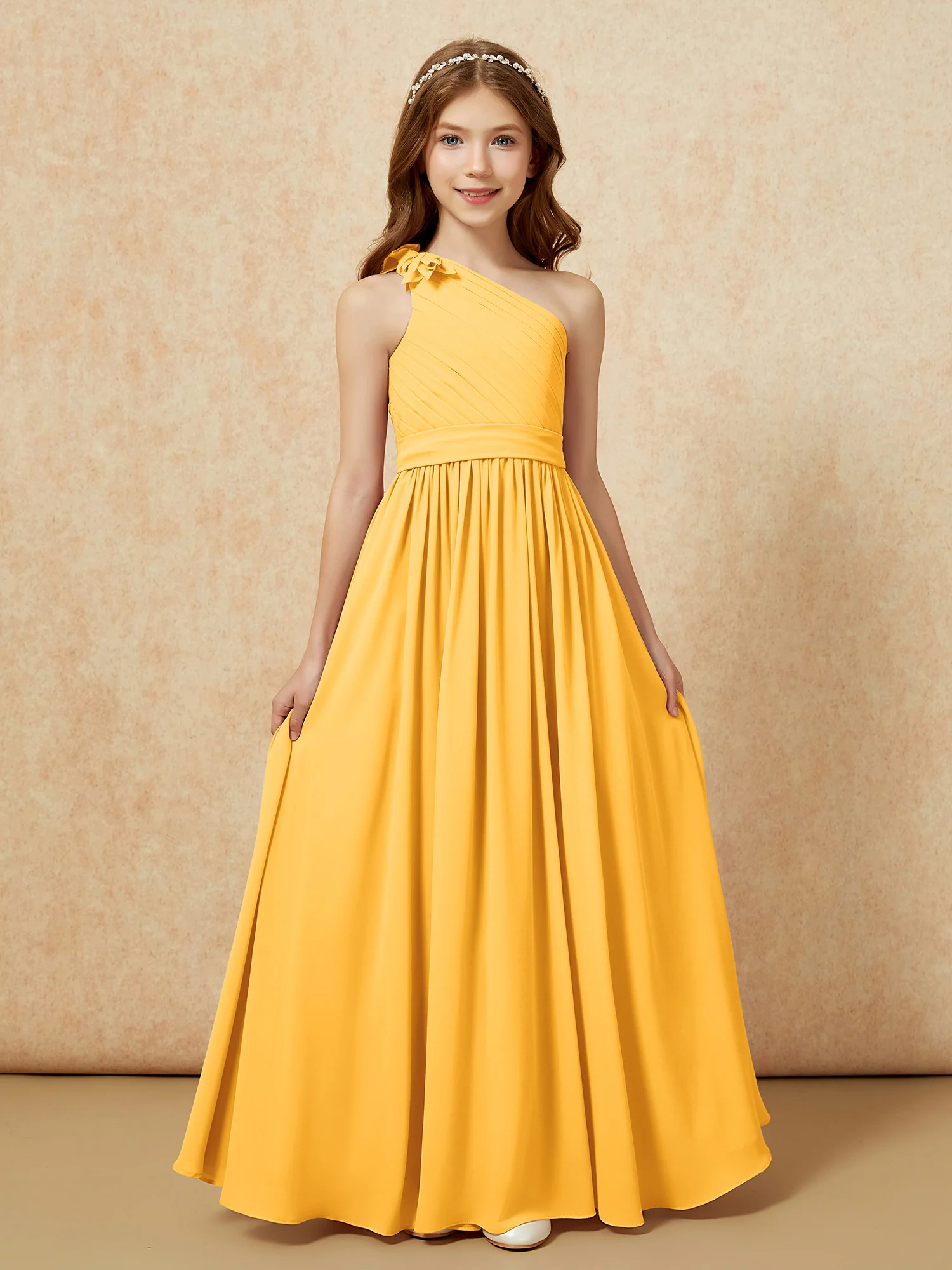 One Shoulder Long Junior Bridesmaid Dress With Belt Tangerine - Image 4