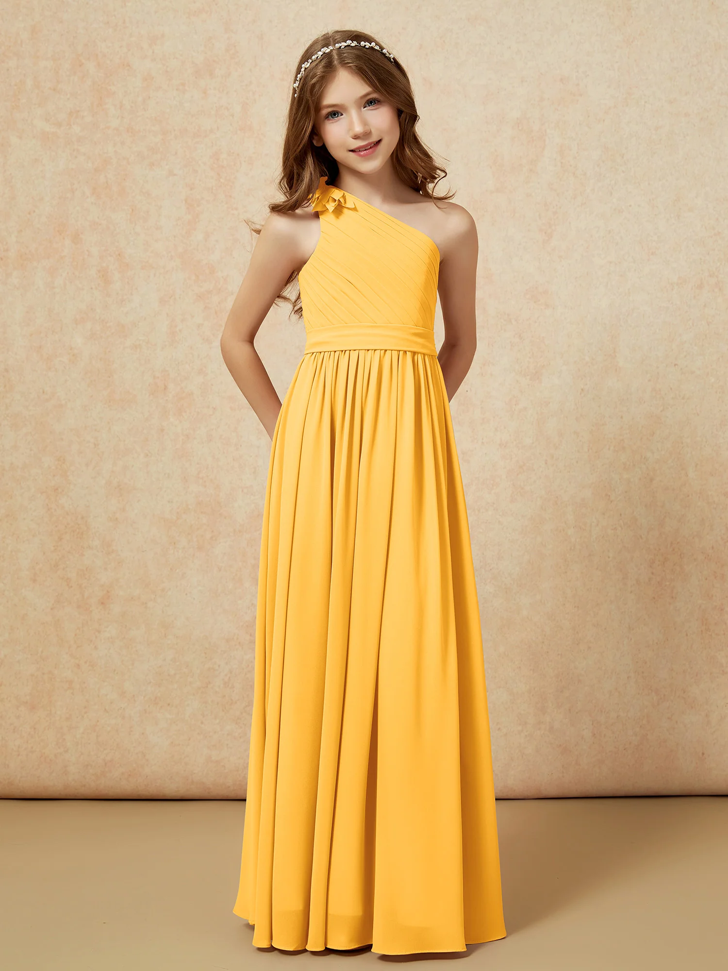 One Shoulder Long Junior Bridesmaid Dress With Belt Tangerine - Image 5