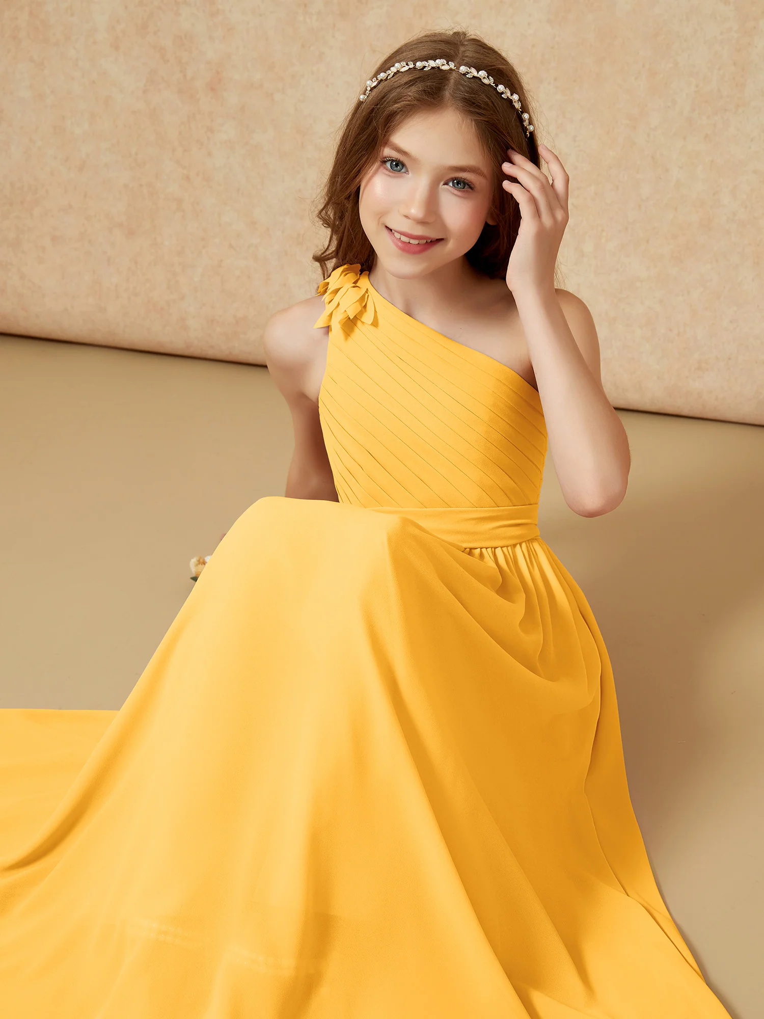 One Shoulder Long Junior Bridesmaid Dress With Belt Tangerine - Image 7
