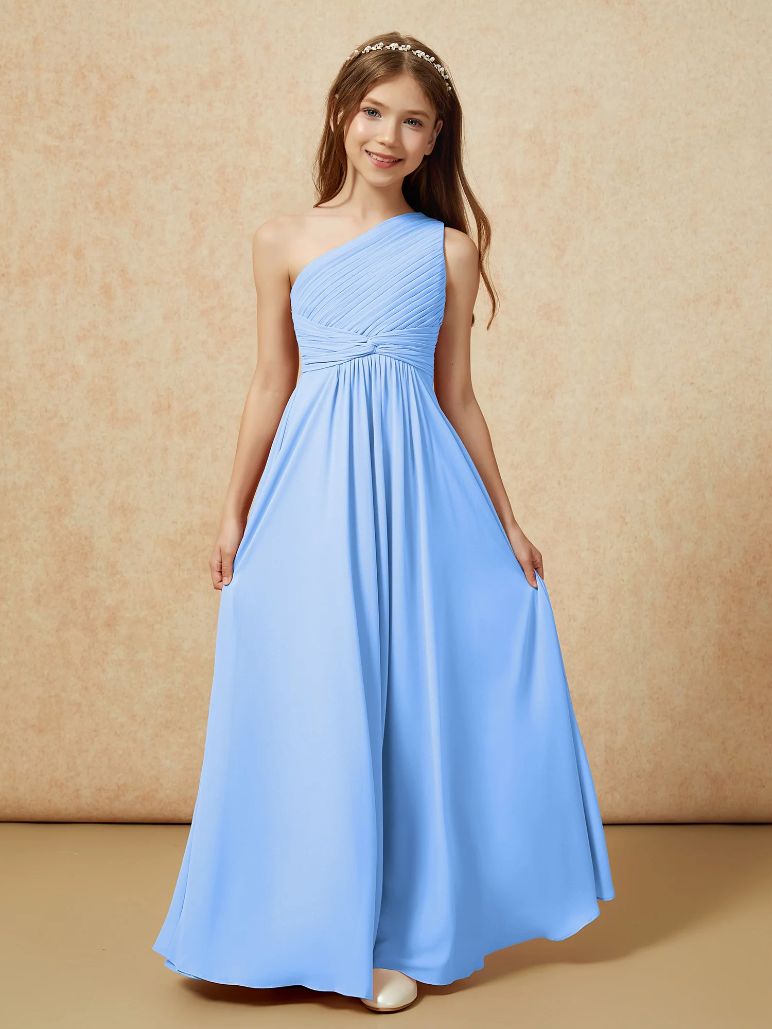 One Shoulder Pleated Chiffon Junior Bridesmaid Dress Blue - Image 4