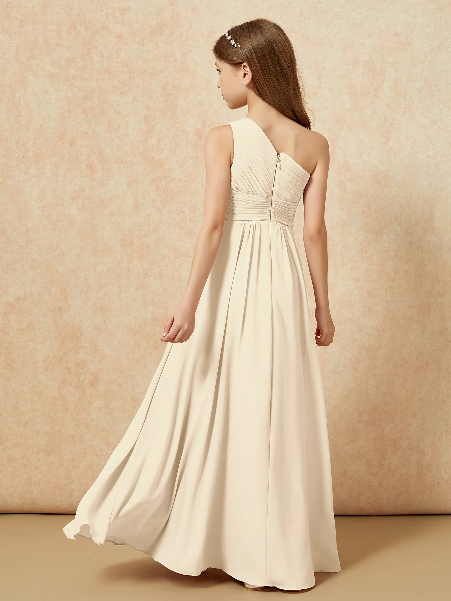 One Shoulder Pleated Chiffon Junior Bridesmaid Dress Champagne - Image 2