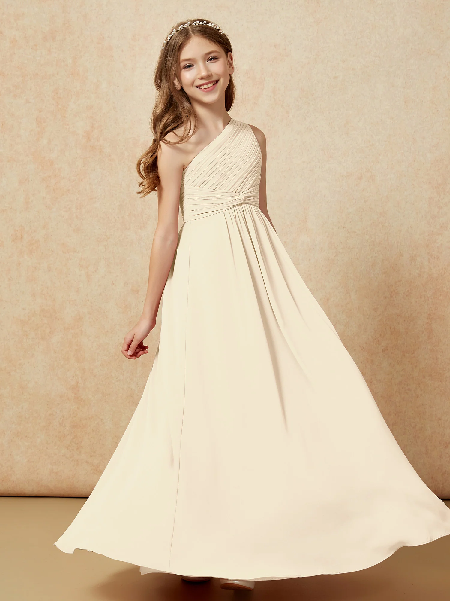 One Shoulder Pleated Chiffon Junior Bridesmaid Dress Champagne - Image 5