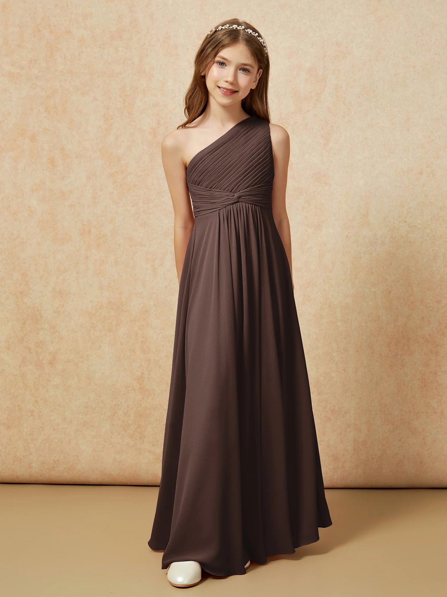 One Shoulder Pleated Chiffon Junior Bridesmaid Dress Chocolate