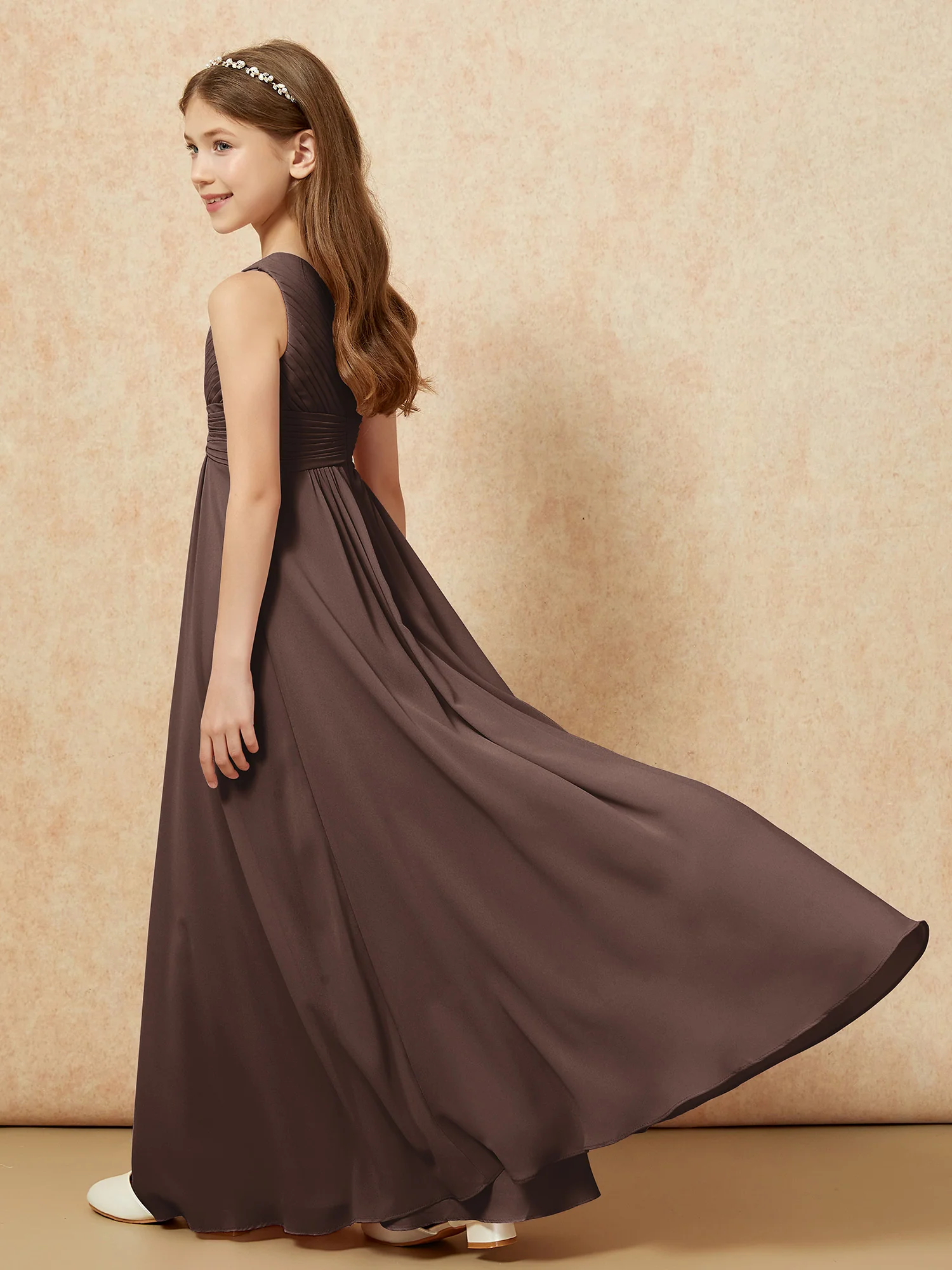 One Shoulder Pleated Chiffon Junior Bridesmaid Dress Chocolate - Image 6