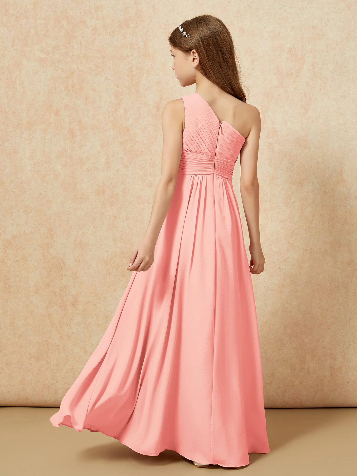 One Shoulder Pleated Chiffon Junior Bridesmaid Dress Coral - Image 2