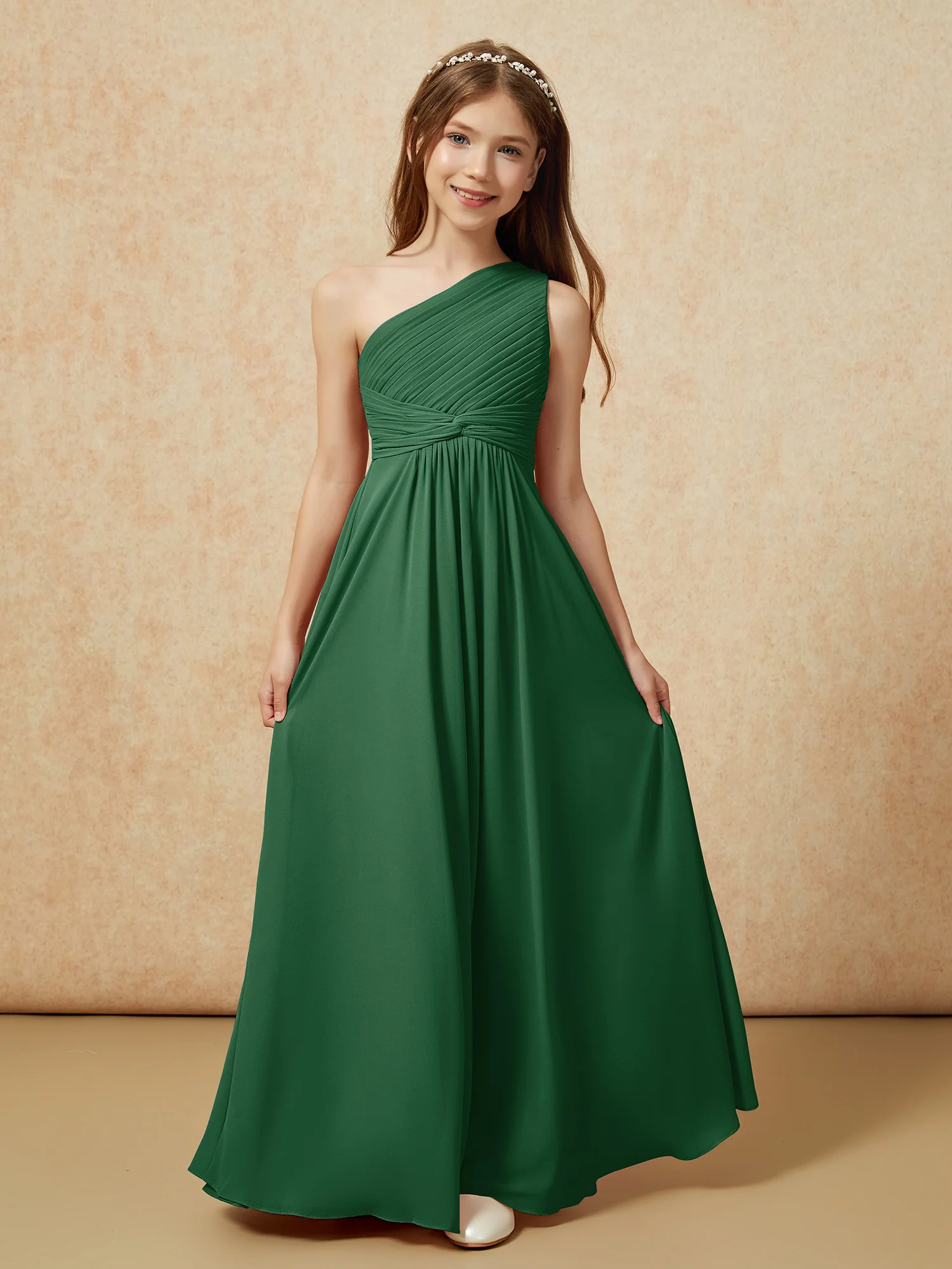 One Shoulder Pleated Chiffon Junior Bridesmaid Dress Dark Green - Image 4