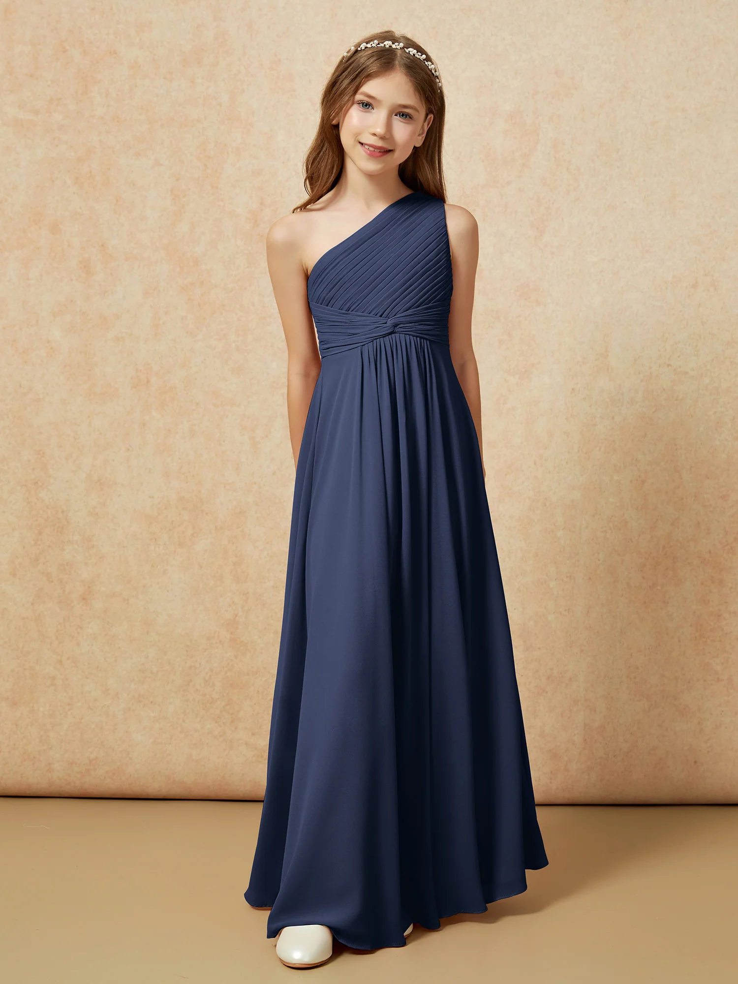 One Shoulder Pleated Chiffon Junior Bridesmaid Dress Dark Navy