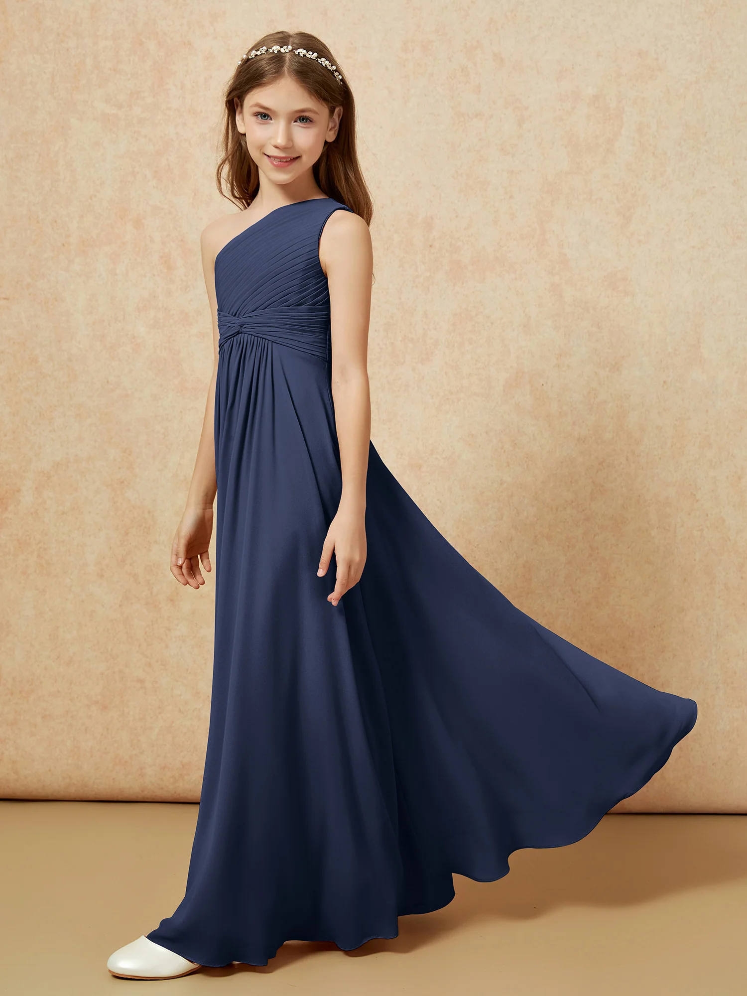 One Shoulder Pleated Chiffon Junior Bridesmaid Dress Dark Navy - Image 3