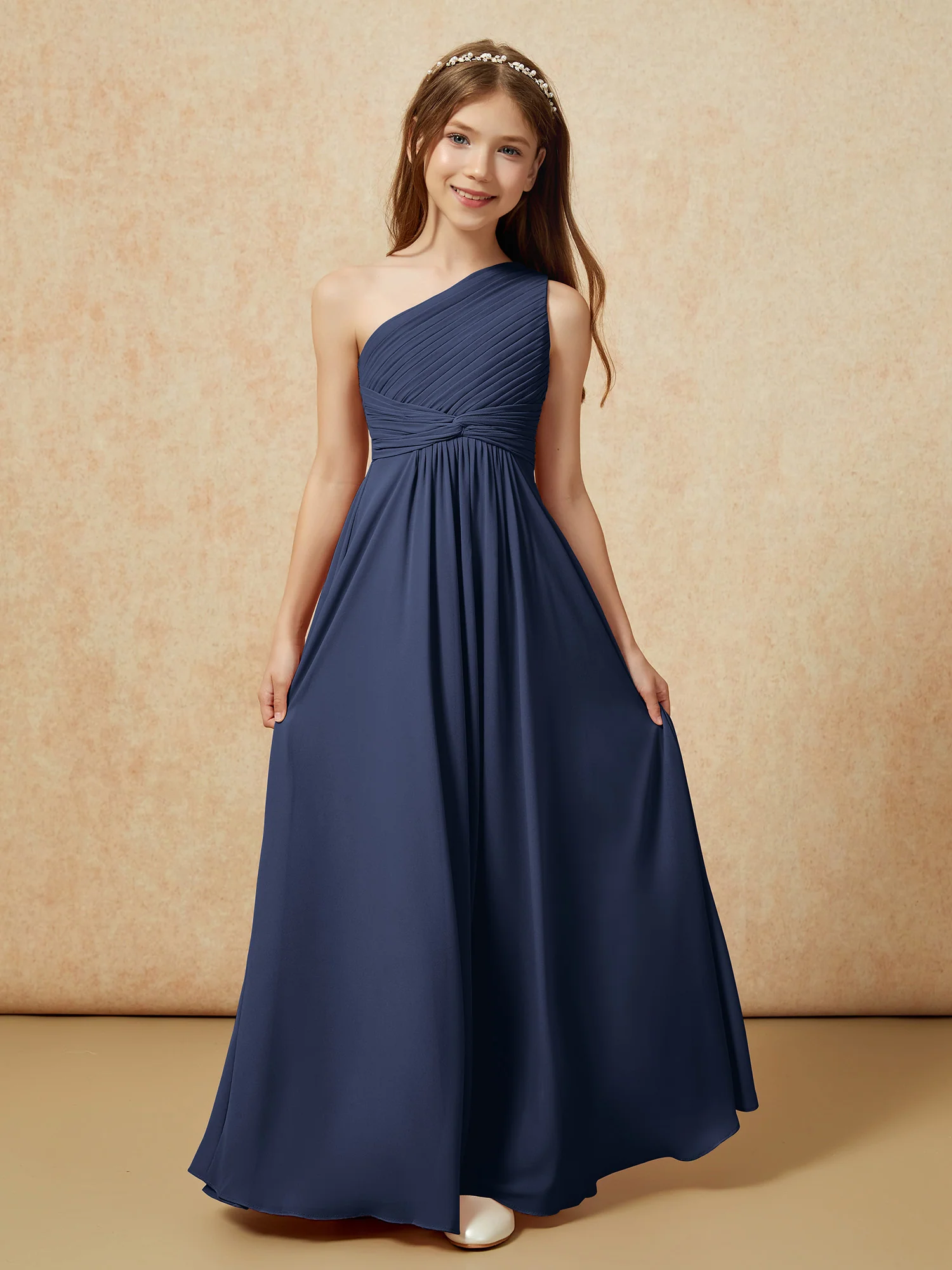 One Shoulder Pleated Chiffon Junior Bridesmaid Dress Dark Navy - Image 4